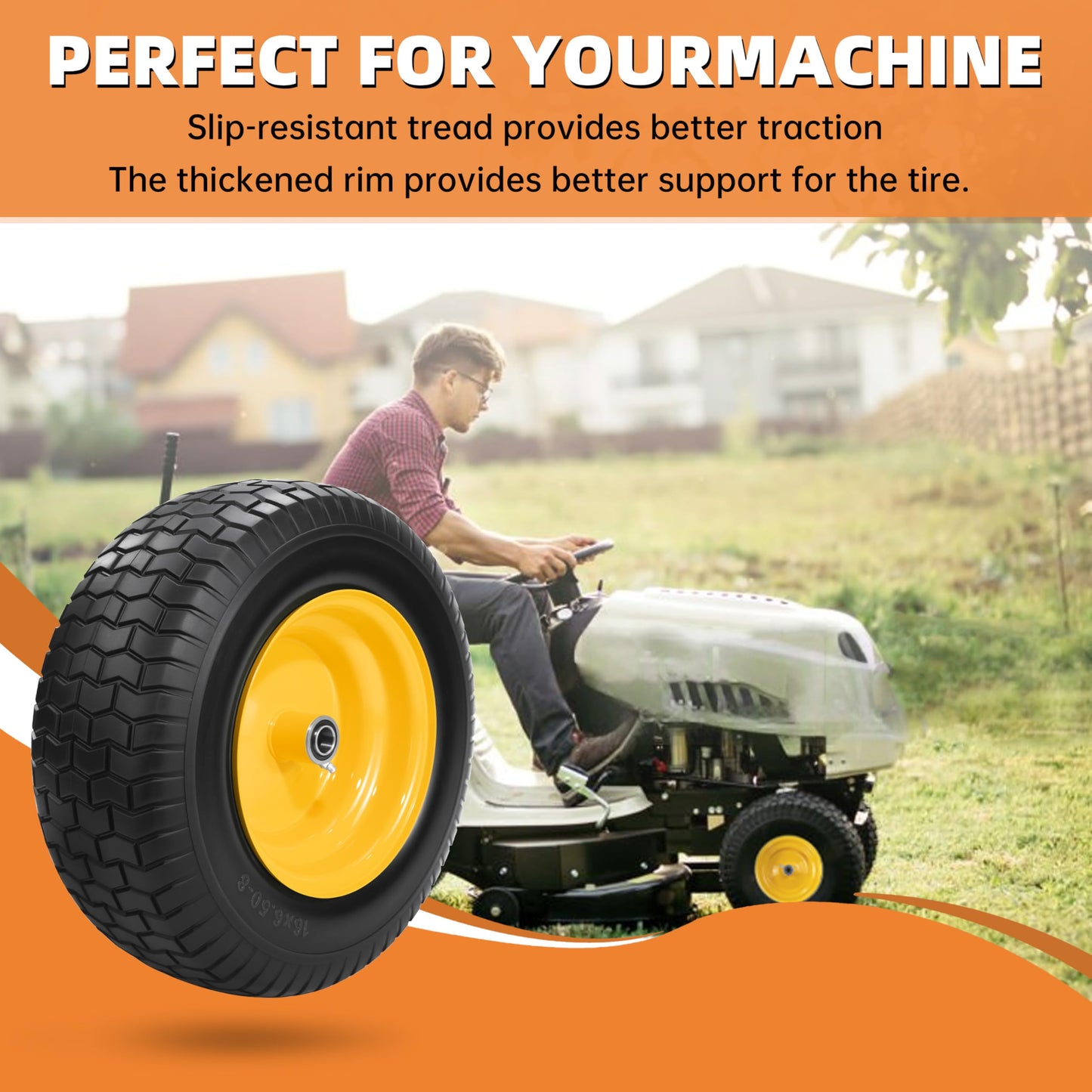 2PC 16x6.50-8 Flat Free Tire and Wheel,3/4" Bearings & Extra 1" Bushing,3" Offset Hub, Solid Riding lRLawn Mower Tires, 550lbs Load Capacity, Fit for Lawn Mowers, Riding Mowers and Lawn Tractors.