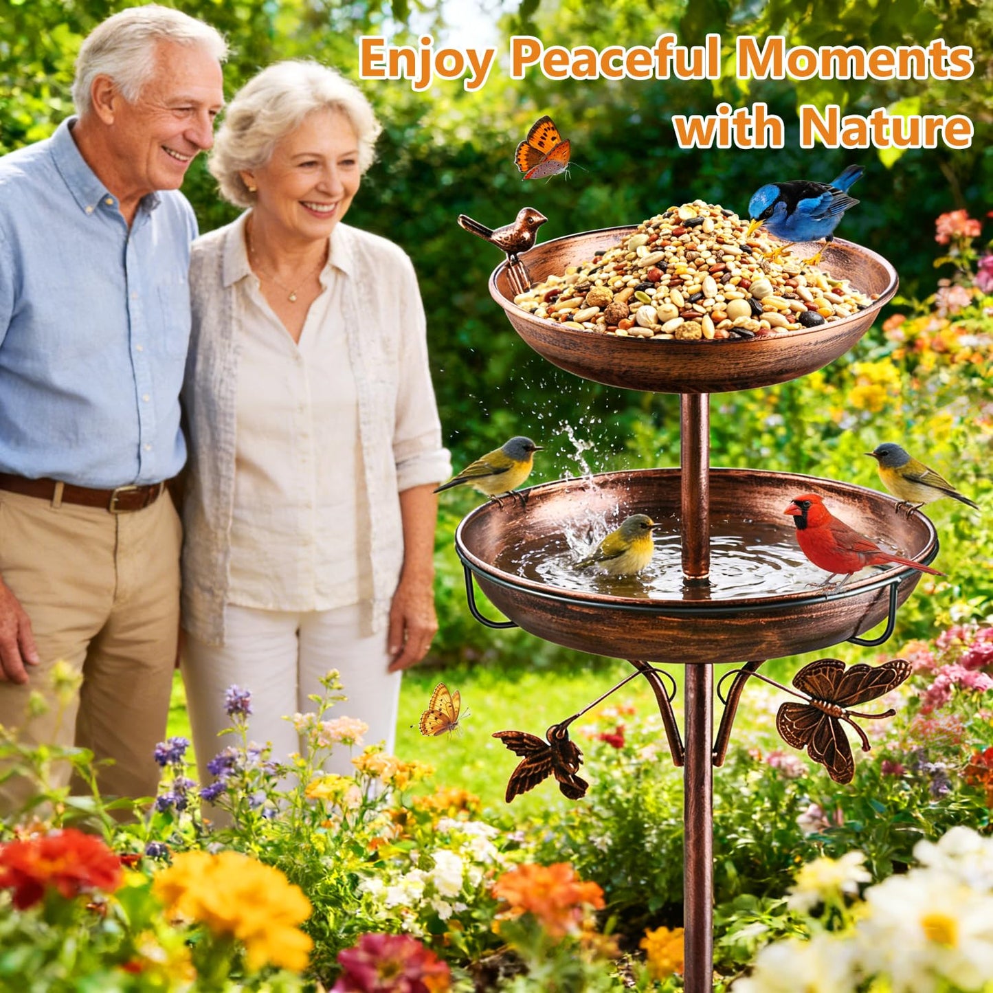 2 in 1 Bird Bath for Outside, 42 Inch Tall Free Standing Birdbaths Outdoor, Metal Bird Feeder Bowls for Garden Lawn Decor, Antique Bronze