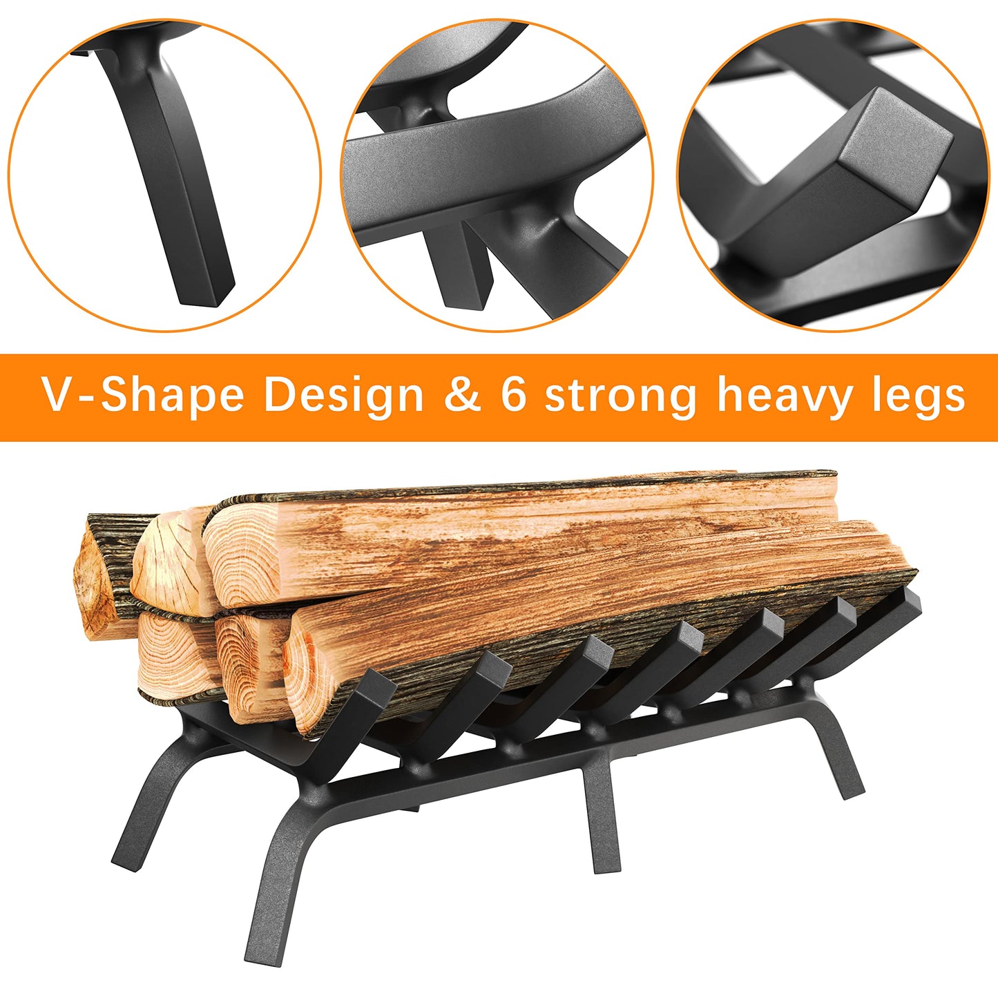 Mr IRONSTONE Fireplace Grate 30 inch Solid Steel Heavy Duty Firewood Log Burning Rack Fire Grates for Outdoor Kindling Tools Pit Indoor Fireplace Log Holder Wrought Iron Wood Stove