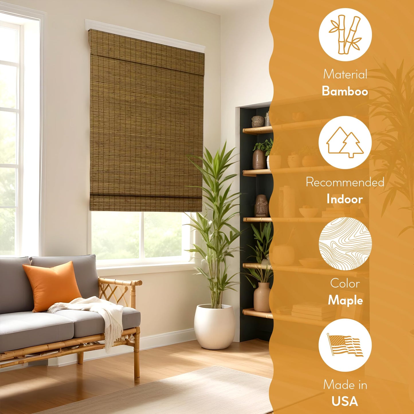 Radiance Custom Cut-to-Width Cordless Maple Cape Cod Flatweave Roman Shade with Valance, 36 inches Wide x 64 inches Long