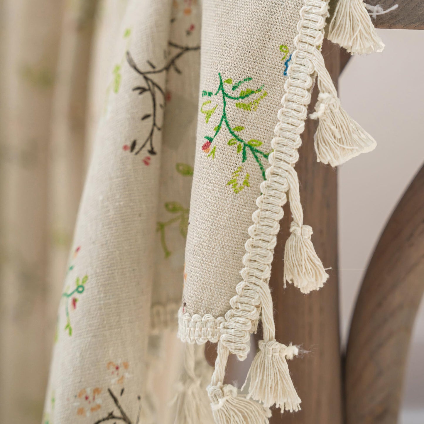 ENJOYBRIDAL Floral Boho Curtains 2 Panels Short 63 Inch Curtains Patterned Semi Sheer Living Room Drapes Farmhouse Bohemian Window Curtain Panels with Tassel Beige Rod Pocket Bedroom Drapes