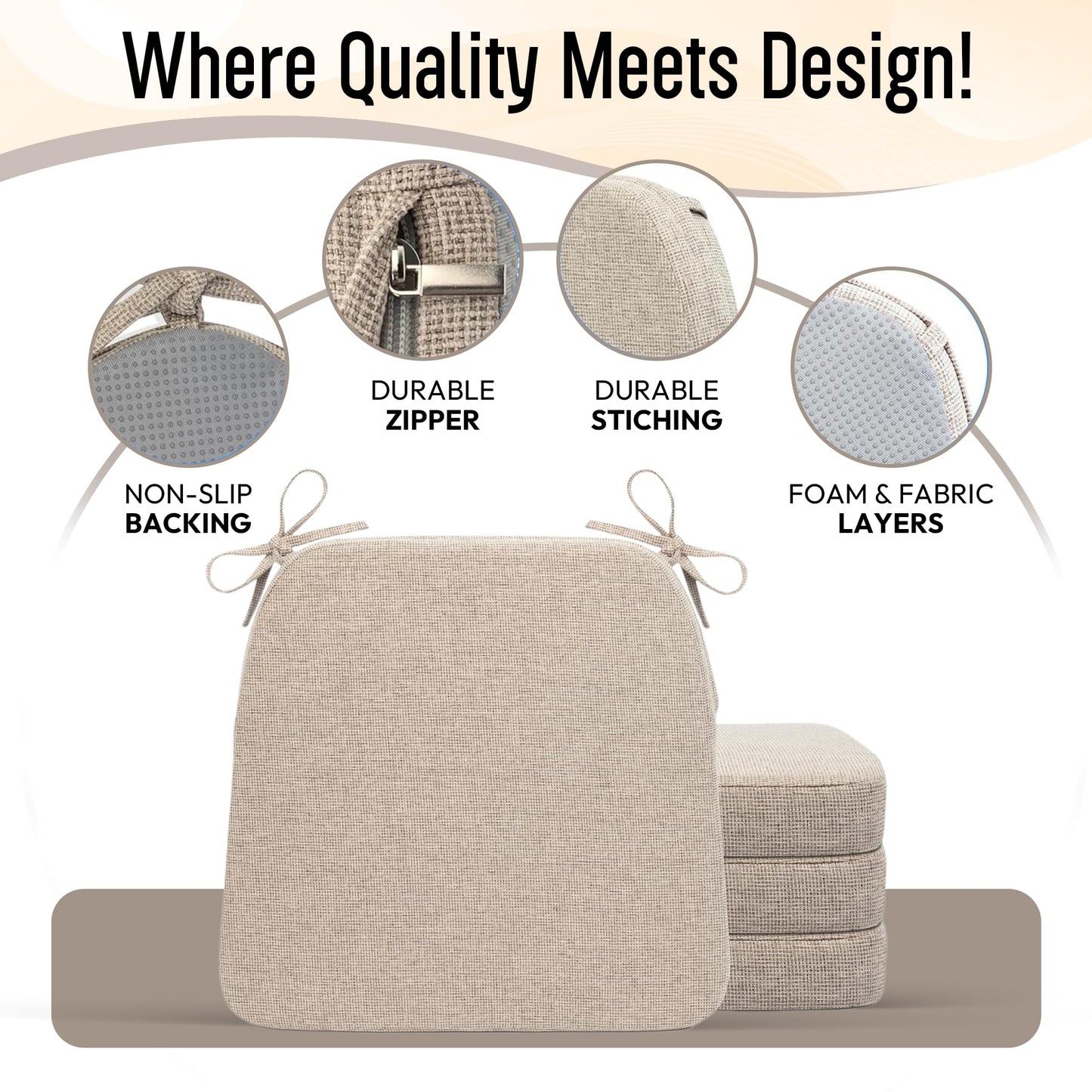 KVENLAND CO Chair Cushions for Dining Chairs - 17" x 16" x 2" D-Shaped Indoor Seat Cushions - Non Slip Chair Pads with Removable Ties and Washable Cover Set of 4 - Chair Leg Pads Included - Beige
