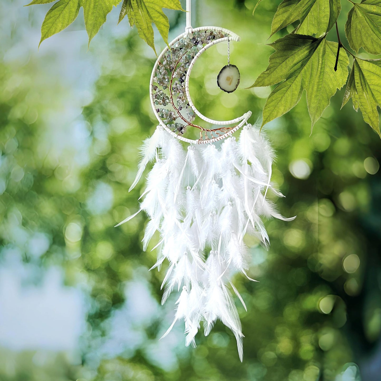 Moon Dream Catchers with Chakra Gemstone Agate Stone, Crystal Tree Life Dream Catchers Wall Hangings Room Decor (White)