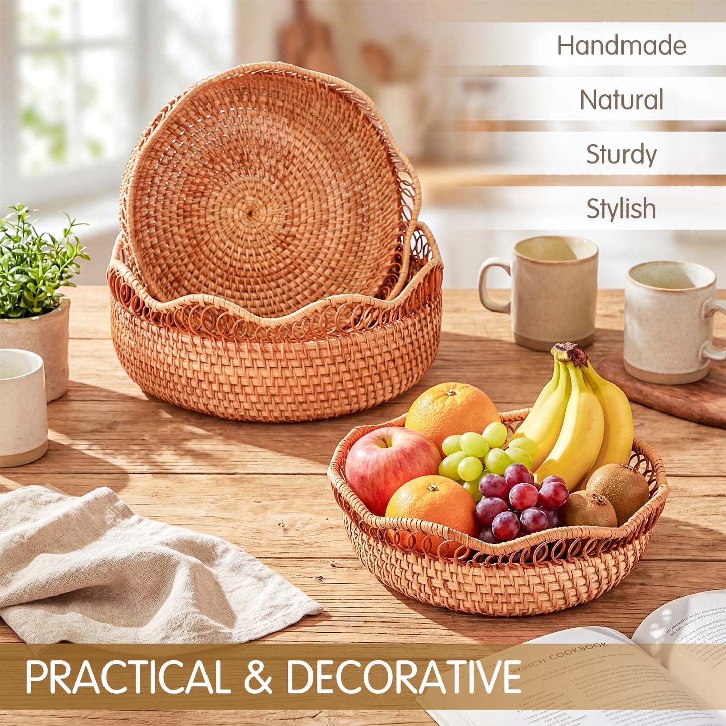 Teecyhooo Set of 3 Rattan Bread Basket for Serving Wicker Bread Basket Woven Round Fruit Serving Bowl Natural Handmade Food Storage Bowl Wavy Edge Tray Boho Decorative Tray for Kitchen Counter Decor