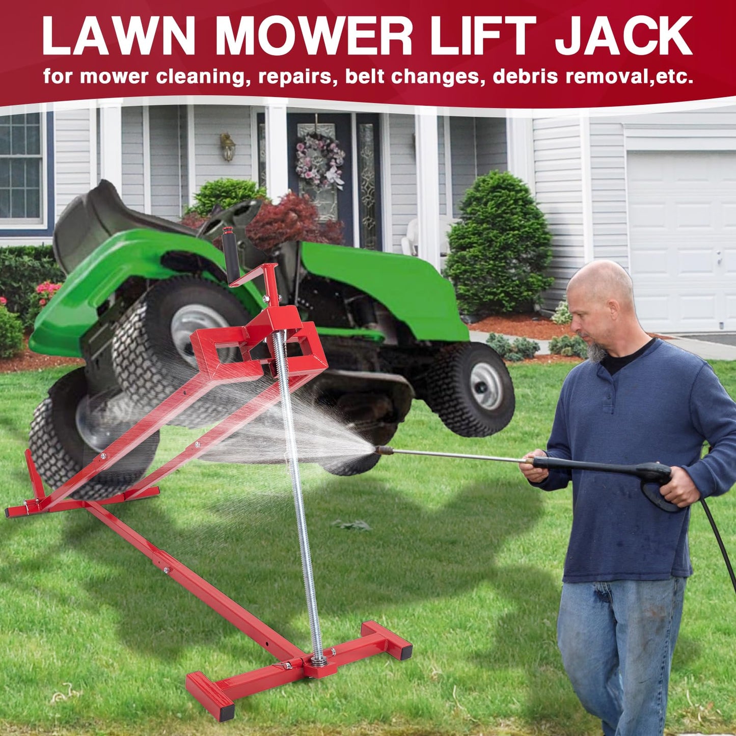 Upgraded Lawn Mower Lift Jack for Riding Lawn Mowers & Garden Tractors, Telescopic Maintenance Lawn Mower Jack Mower Lift with Manual Handle & Power Tool Extension Handle, Weight Capacity 880 Lbs