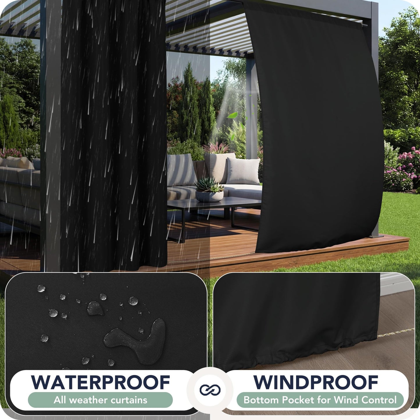 RichSets Black Outdoor Curtains for Patio Waterproof - 8 Panels Weatherproof Privacy Outside Curtains with Rod Pocket for Pergola, Gazebo, Porch, Cabana, Balcony, 54 x 95 Inch