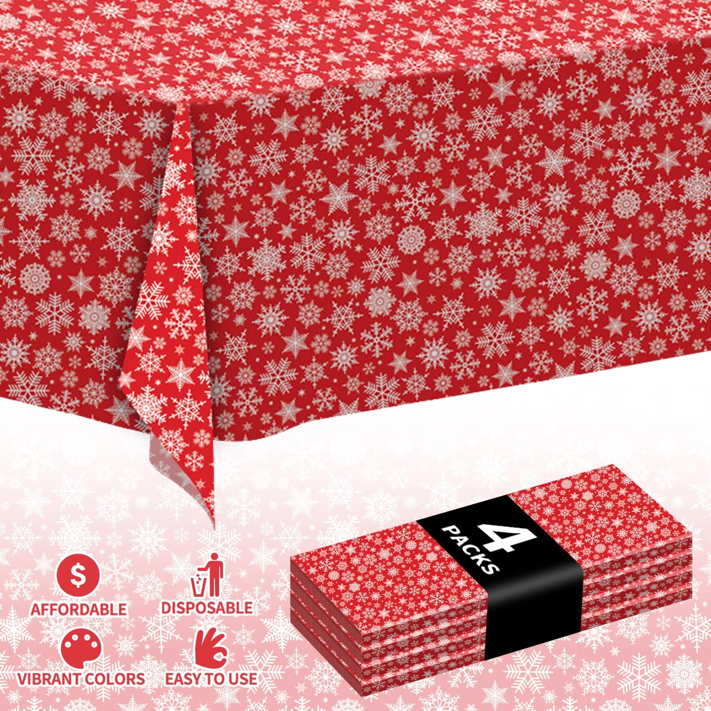 CXPSINC 4 Pack Disposable Snowflake Plastic Tablecloth - Christmas Table Cover for Party Decoration Supplies - 54 x 108 Inches Christmas Tablecloth (Red Snowflake)