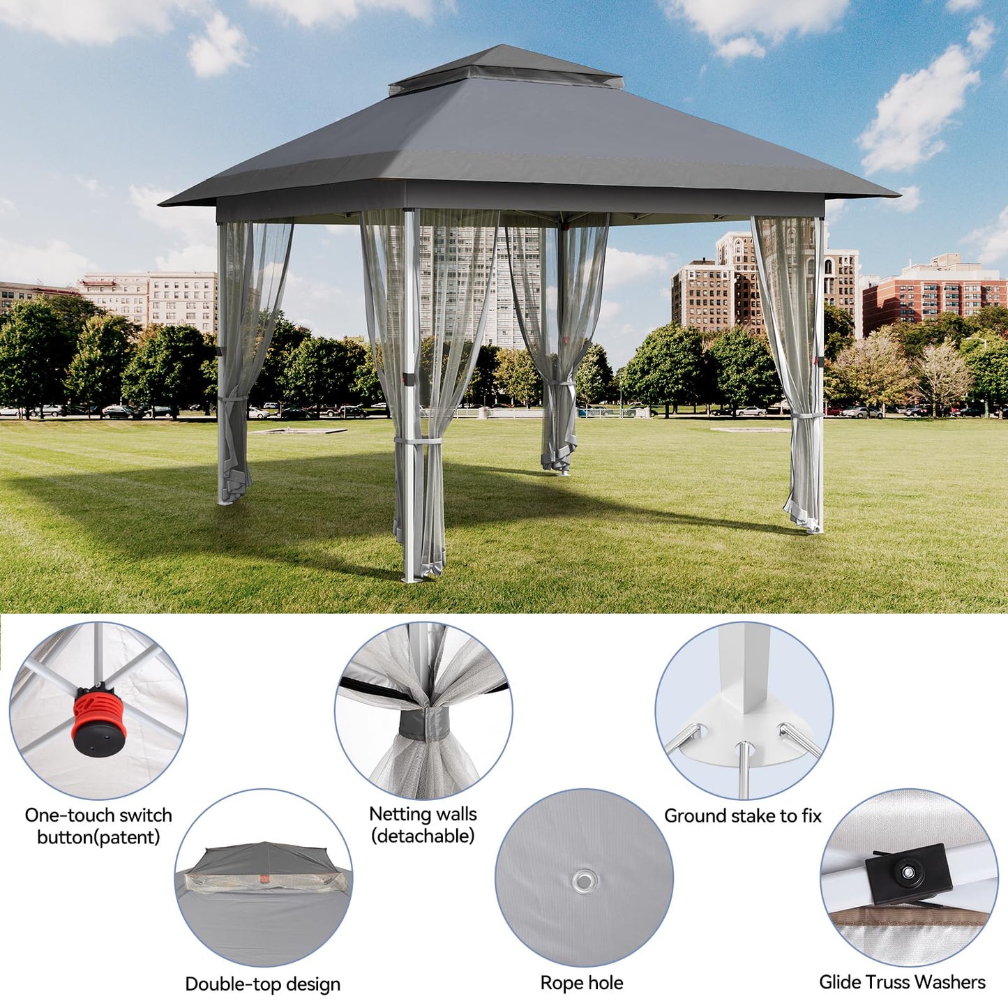 Garvee 11'x11' Gazebo Canopy Tent with Curtains, Pop Up Outdoor Shelter with Mosquito Netting for Patio, Backyard Party, 2-Tiered Vented Top, 121 Square Feet of Shade, Gray