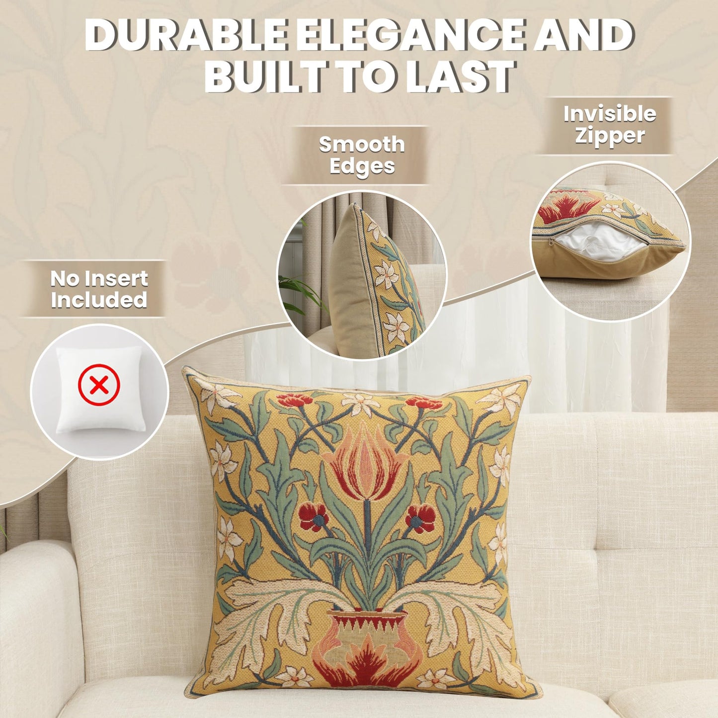 Charlotte Home Furnishings Throw Pillow Covers Decorative Boho Pillow Covers for Couch Living Room Red Tulip Square Cushion Cases 18x18 in European Cotton Jacquard Woven for Cozy Bedroom Decor