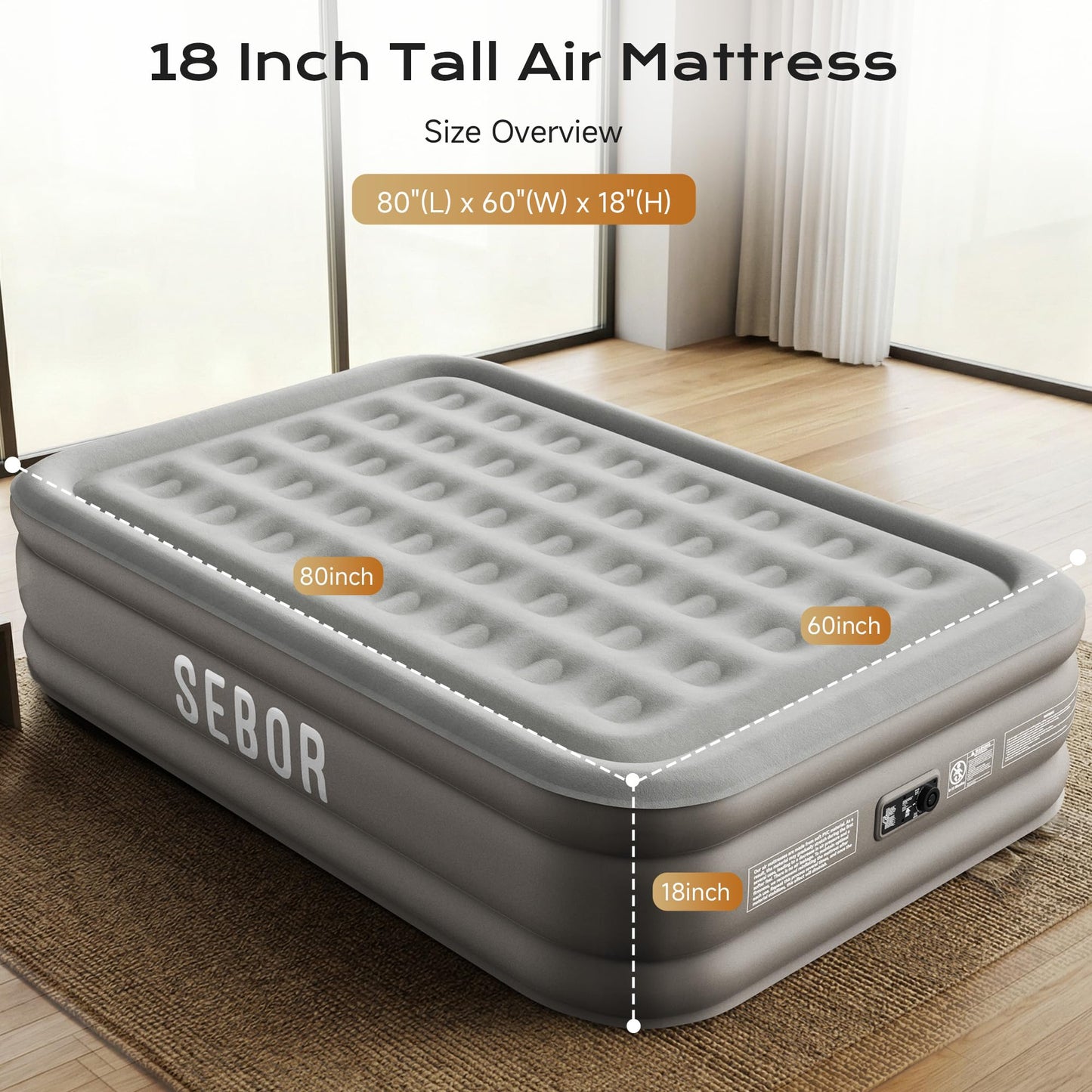 Sebor Air Mattress Queen with Built-in Pump 18", Comfortable Self-Inflating Blow up Mattress with High-Speed Pump, Durable Queen Size Air Mattress with Storage Bag for Guests, Moving, Camping, Travel