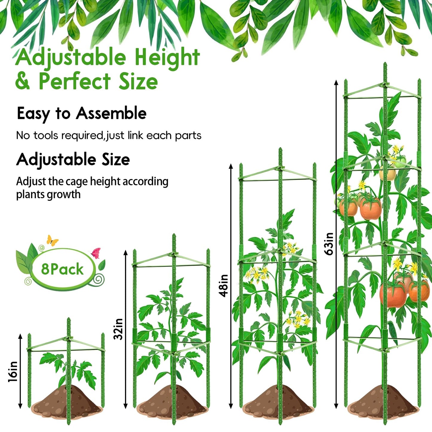 Riare 8 Pack 5.2 FT Tomato Cages for Garden- 63inches Heavy Duty Tomato Stakes and Supports, Adjustable Tall Tomato Plant Support Trellis for Pots, Raised Garden Bed, Climbing Vegetables Plants