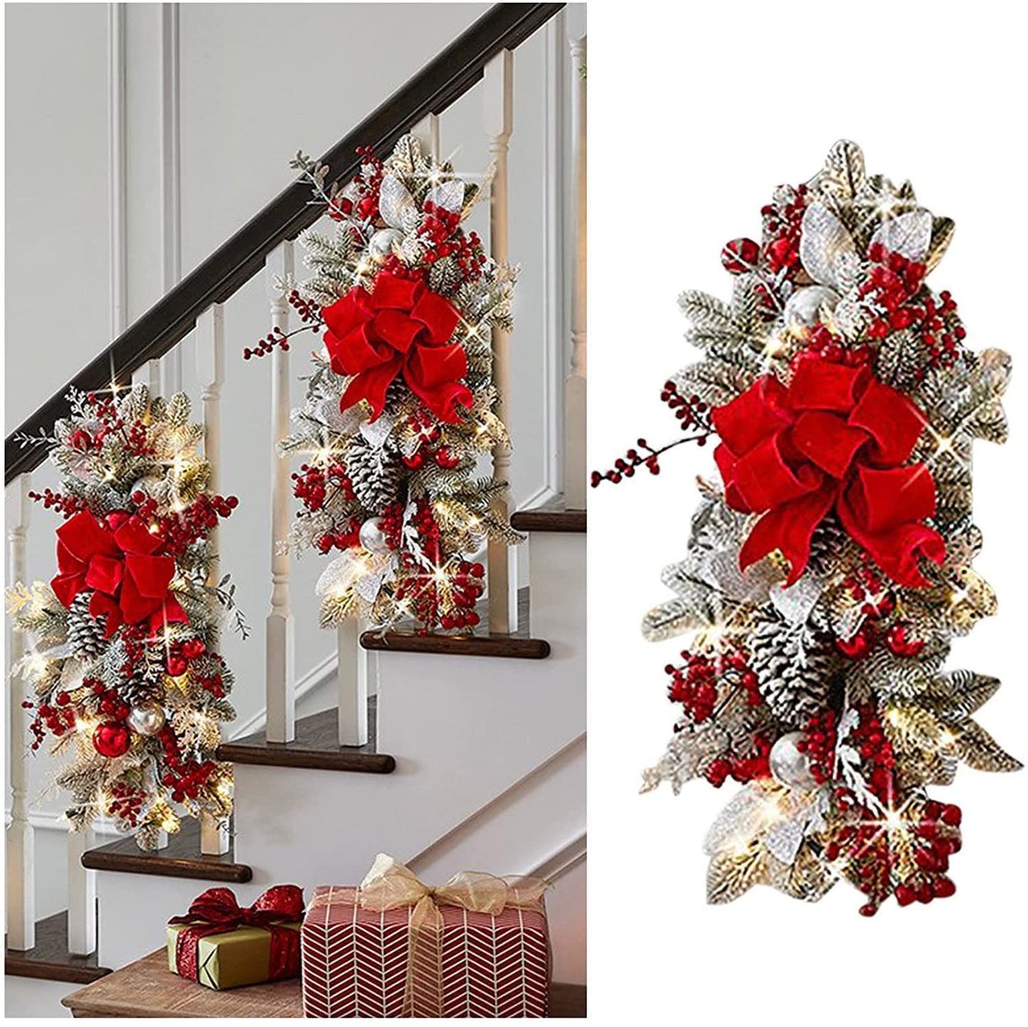 2025 Cordless Christmas Swags Prelit Teardrop Swag Christmas Staircase Decorations Artificial Stairs Christmas Garland with Lights Rustic Christmas Swag for Front Door Wall Window Stair Home Decor (A)