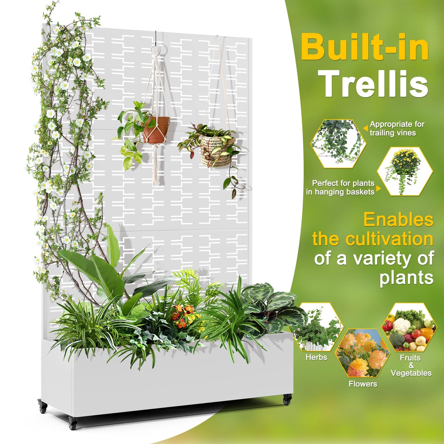 FENCY Metal Raised Garden Bed with Wheels and Trellis,73"x47"x16" Planter Box for Climbing Plants, Vegetables & Vines, Features Privacy Screen and Drainage Holes (White-Brick)