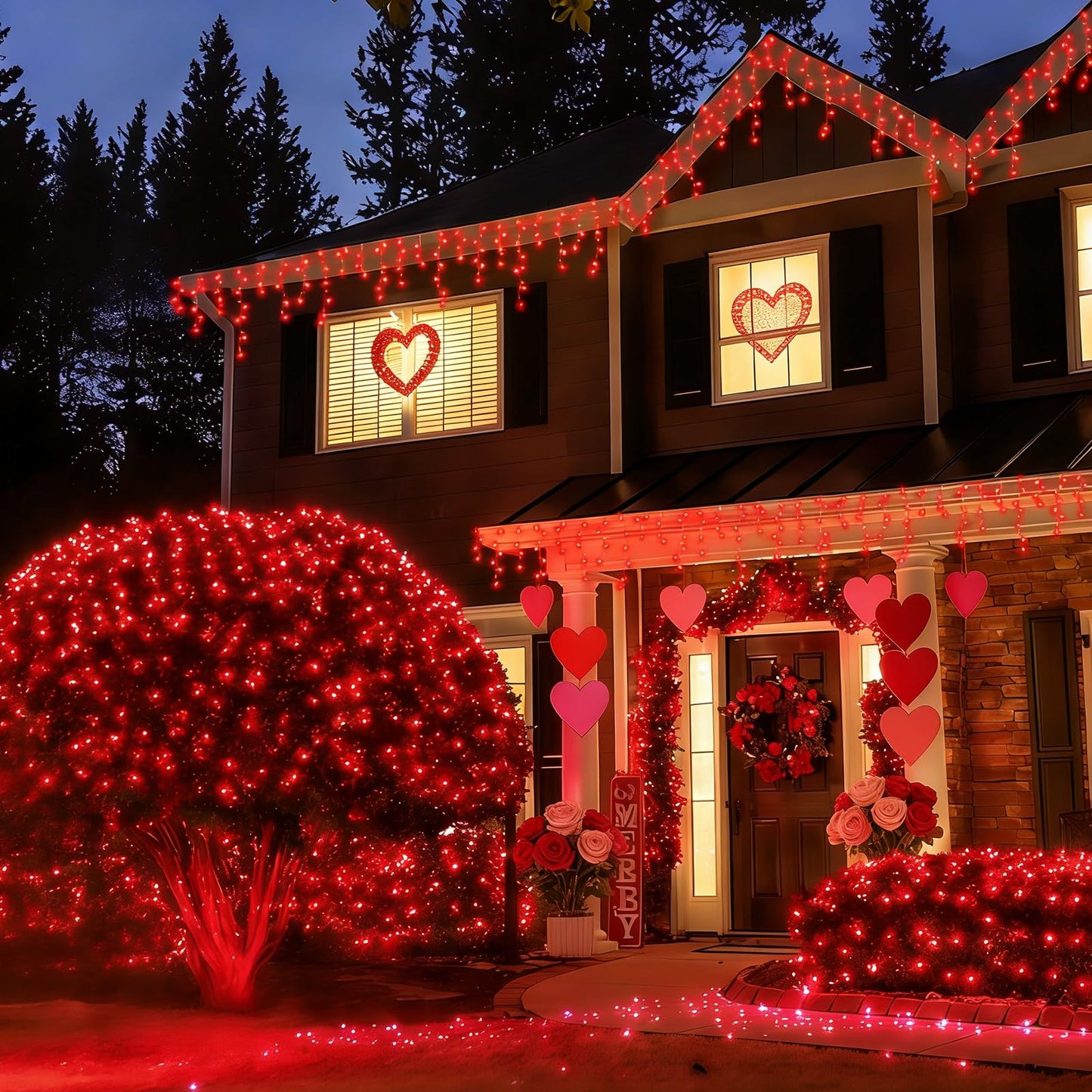 YEGUO Net Lights Outdoor Mesh Lights, 12ft x 5ft 360 LED Red Valentine‘s Day Light Outdoor Waterproof, 8 Modes Connectable Clear Wire Christmas Bush Light Plug in