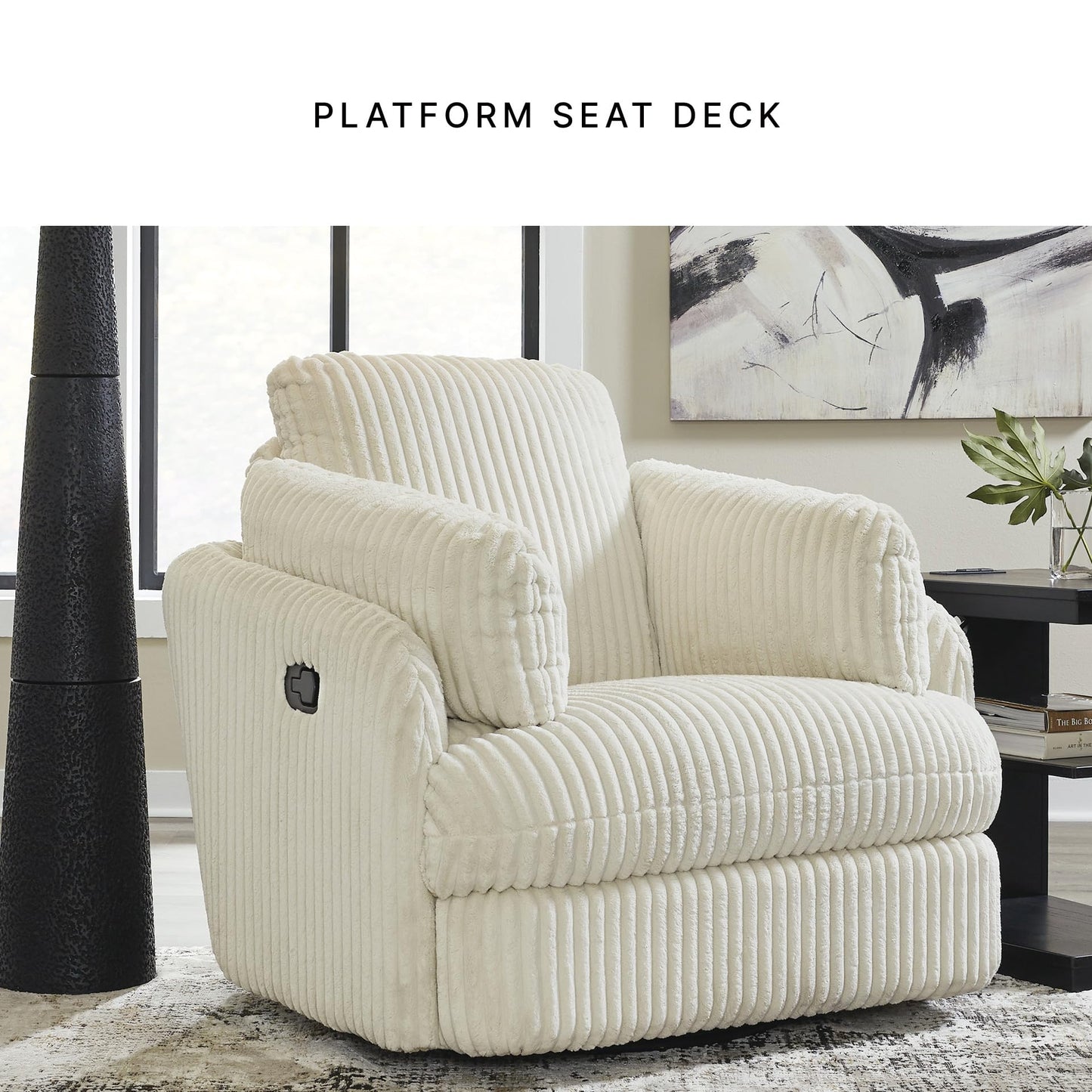 Signature Design by Ashley Tie-Breaker Cozy Contemporary Manual Press-Back Swivel Glider Rocker Recliner with 2 Bolster Pillows and Hidden Storage, White