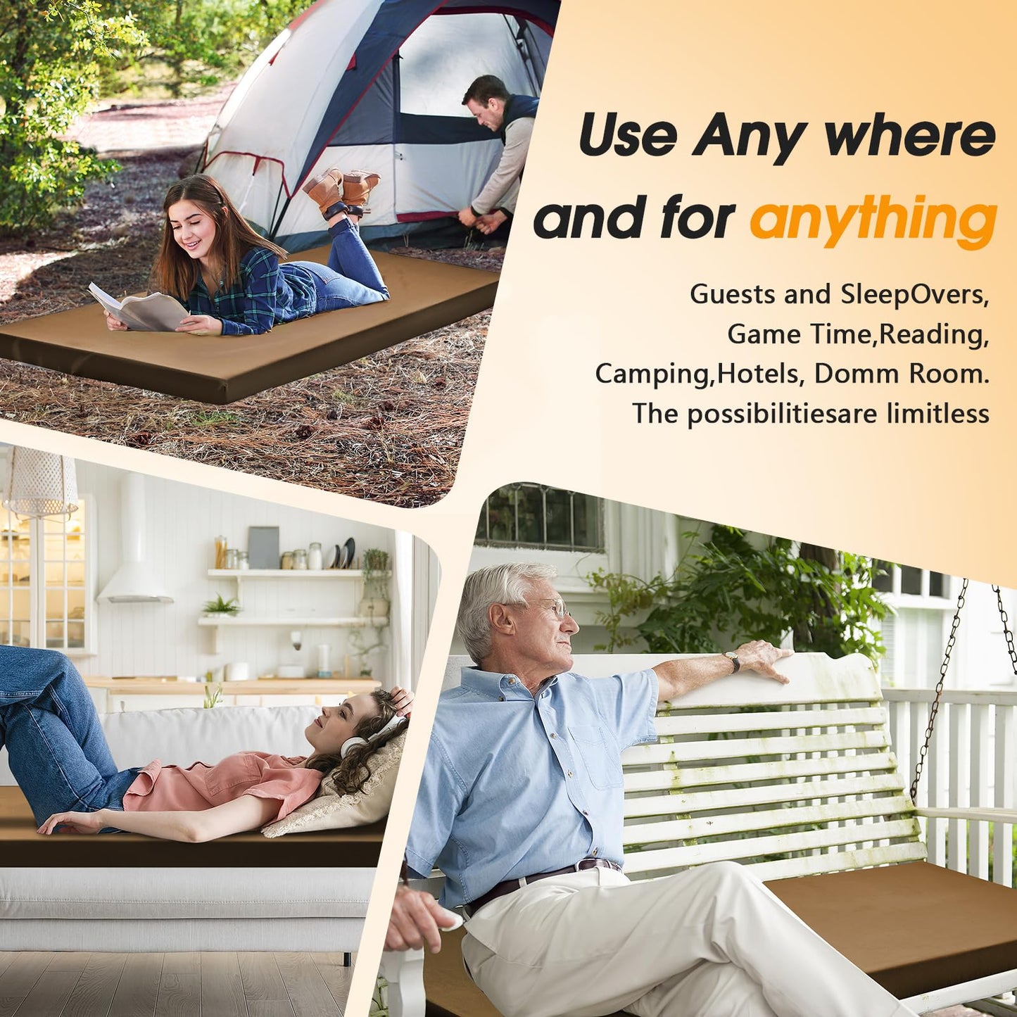 CYMULA Camping Cot Mattress 2in Memory Foam Sleeping Pad,Soft Warm Non-Slip Camping Mattress Topper with Retaining for Adults,Portable Roll up Pad for Travel(Brown 75"x30")