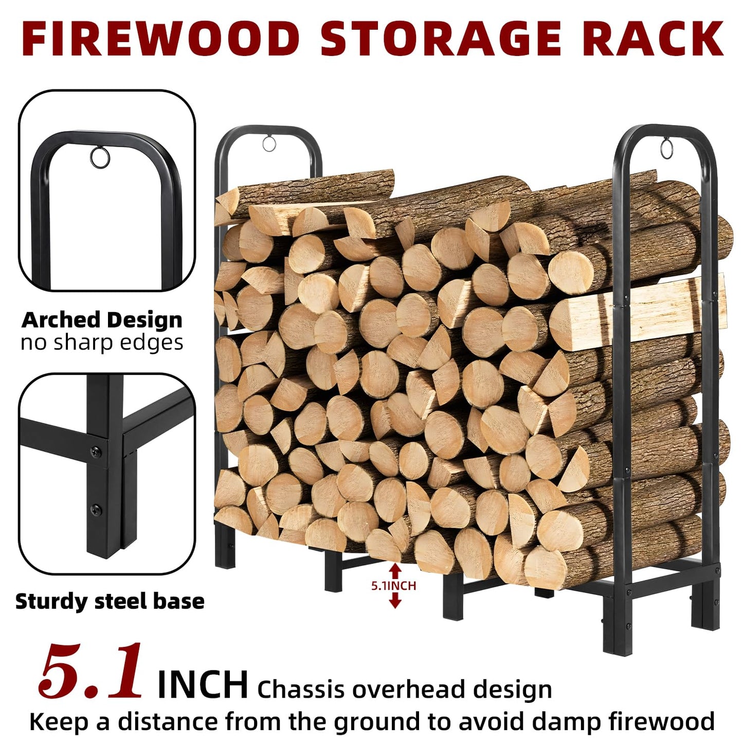 DNKMOR 4FT Firewood Rack with Waterproof Cover,Heavy Duty Firewood Storage Log Holider for Outdoor&Indoor,Fireplace Wood Rack with 600D Oxford Fabric