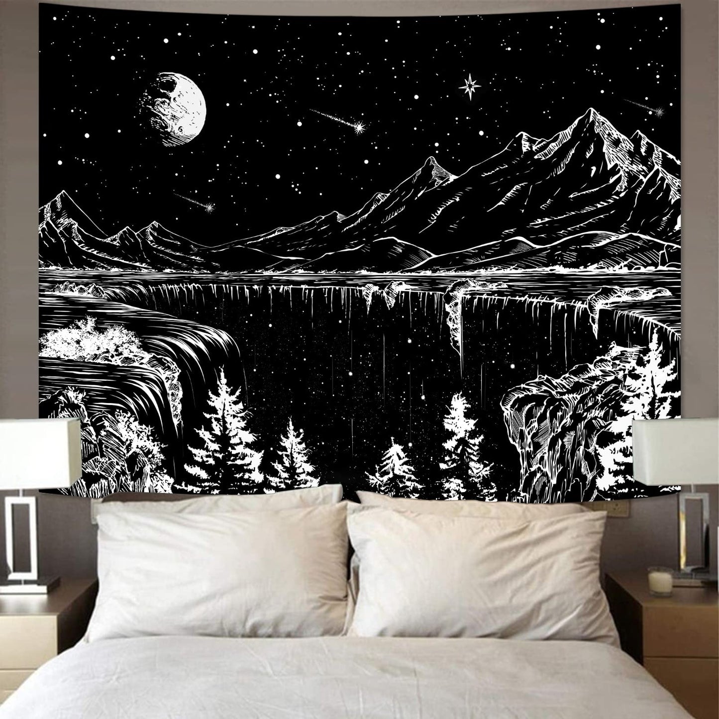 Zussun Black and White Tapestry Starry Night Mountain Tapestries for Bedroom Aesthetic Moon and Stars Tapastry's Wall Hanging Dark Nature Forest Wall Tapestry for Living Room Dorm (48'' × 36'')