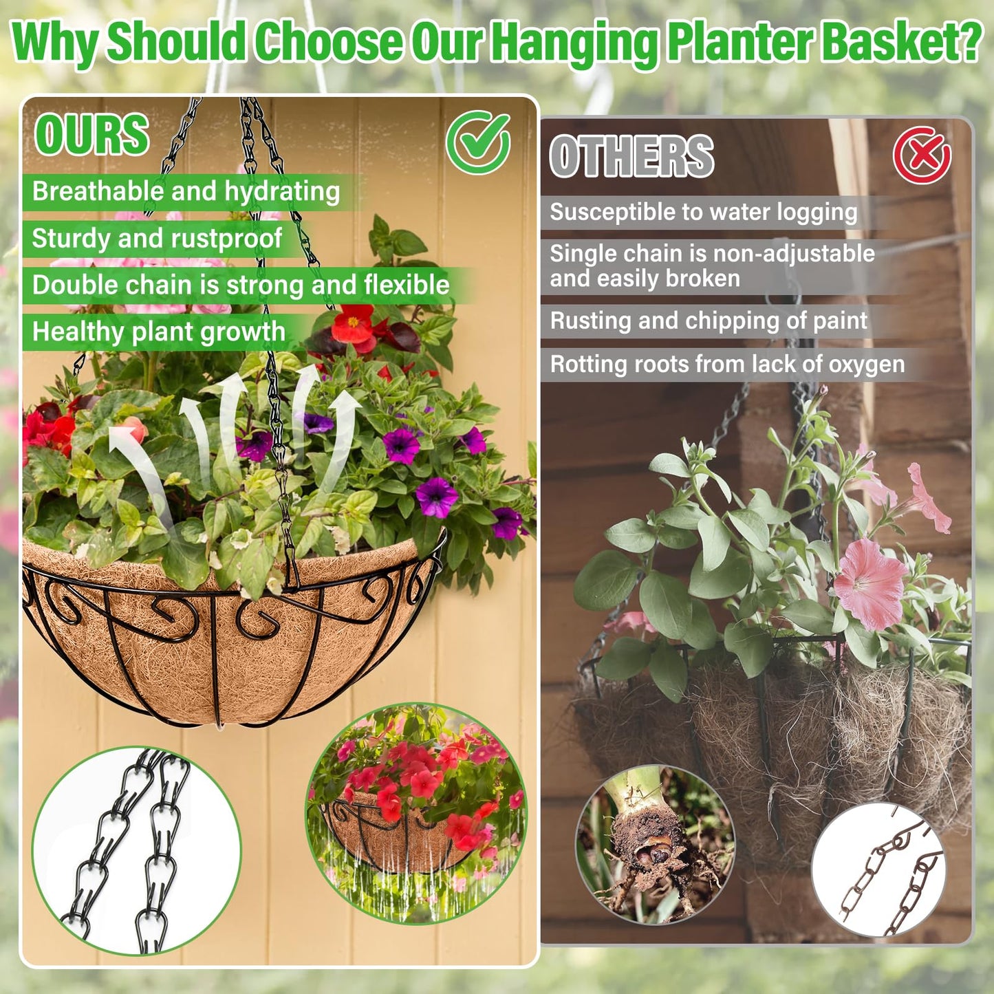 Legigo 6 Pack 10 Inch Metal Hanging Baskets for Plants Outdoor- Round Wire Hanging Planters Basket with Coconut Coir Liner, Hanging Flower Pot for Outdoor Plants Flowers Garden Decorations