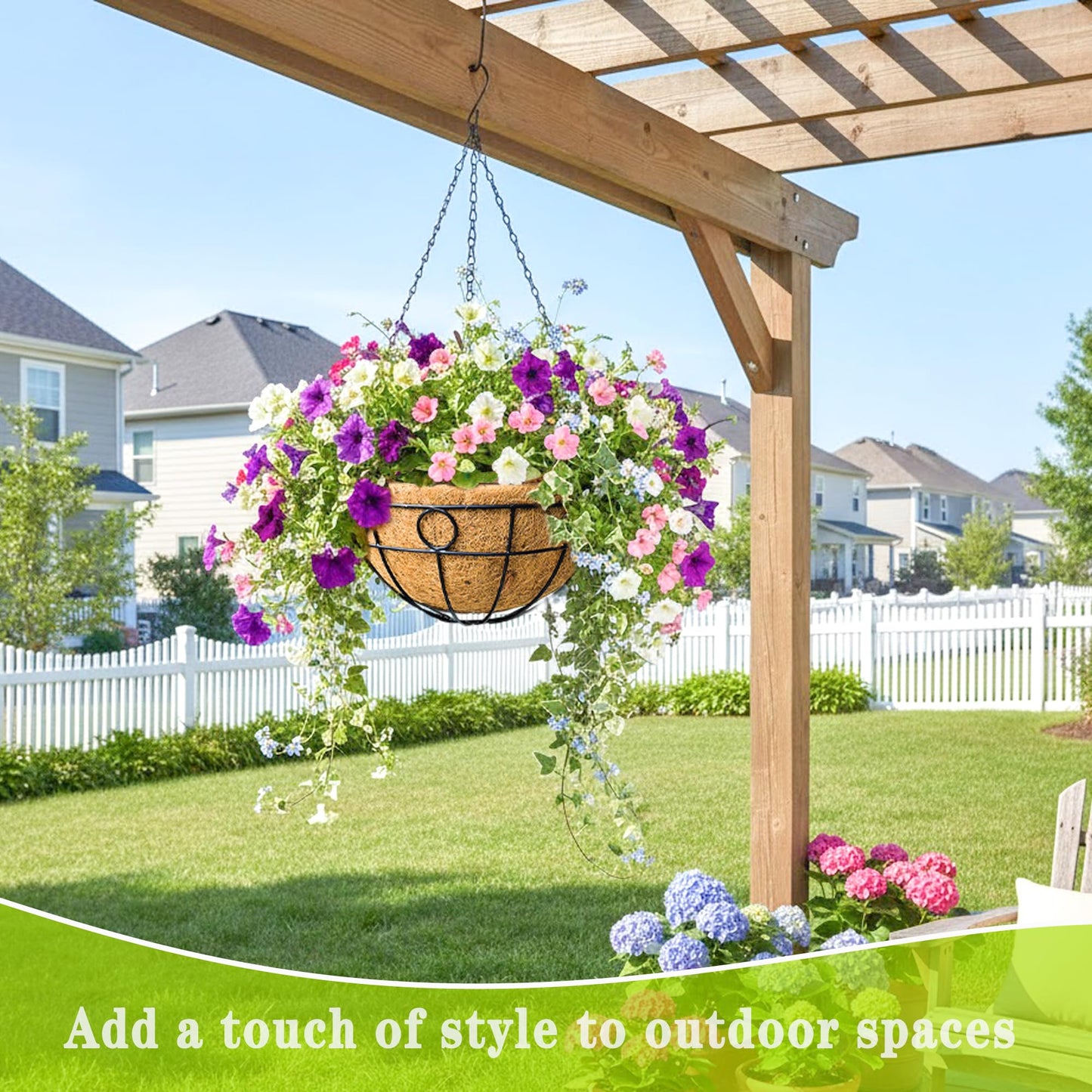JFFLYIT 4 Pack 14" Round Metal Hanging Basket for Outdoor Plants Durable Large Hanging Planter with Coco Coir Round Plant Holders Planter for Outside Garden Decoration (Circular)