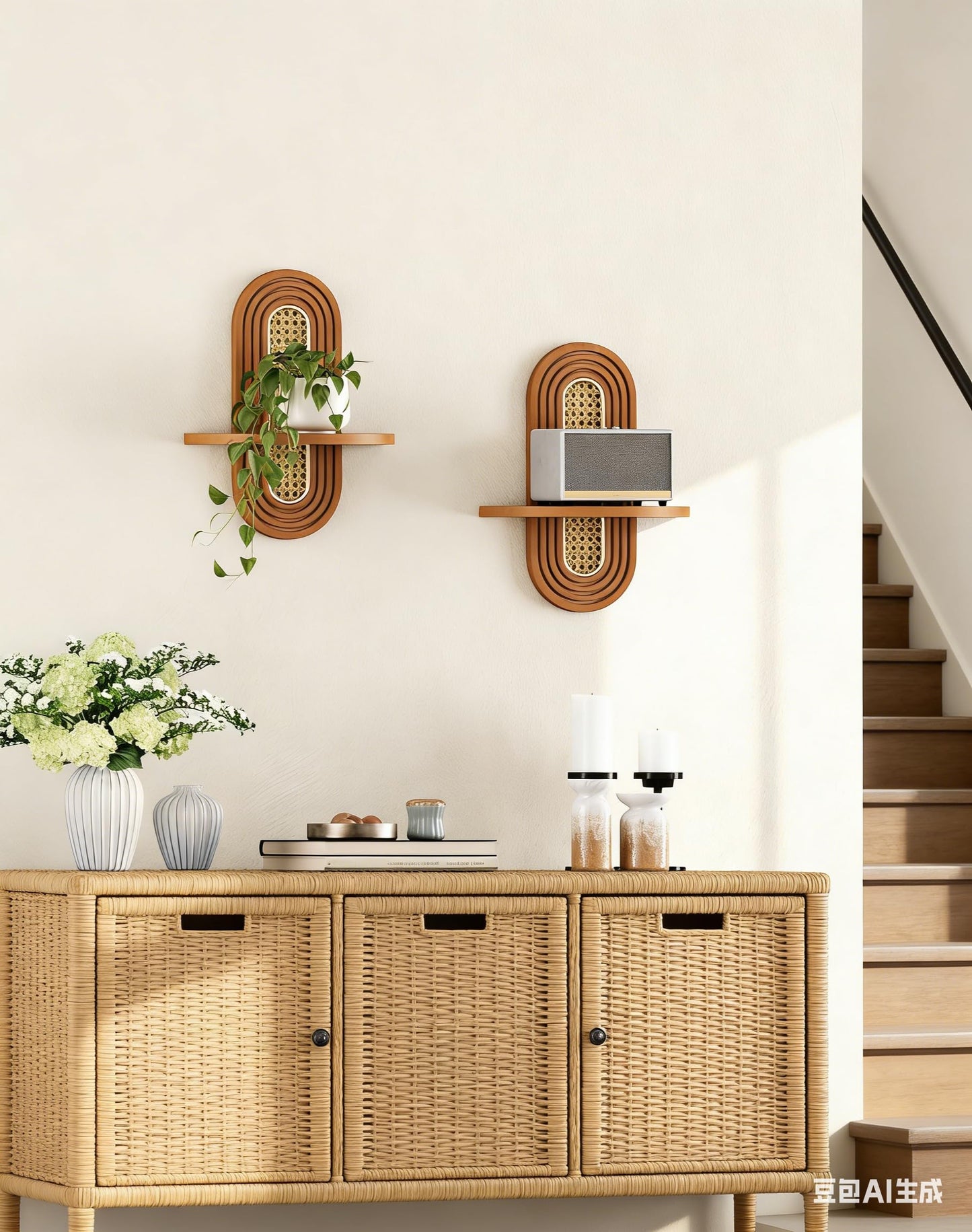 Hongsane Floating Shelves for Wall, Boho Home Wall Decor,Rattan Plant Shelf Set of 2, Mid Century Small Decorative Shelf, Natural Wood Shelves for Living Room,Bedroom,House,Office (Walnut)