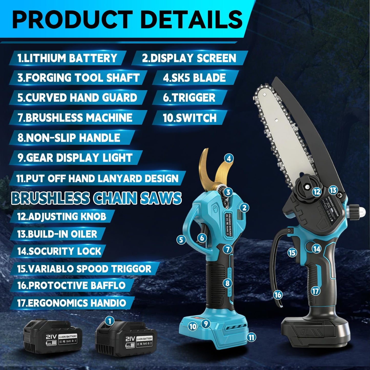 Gpaentsn 4-in-1 Brushless Mini Chainsaw & Electric Pruning Shears Combo Kit with 8.5ft Extension Pole, 6-Inch Cordless Pole Saw, Electric Pruning Shears, 2x 21V Batteries, Tool Set for Tree Trimming