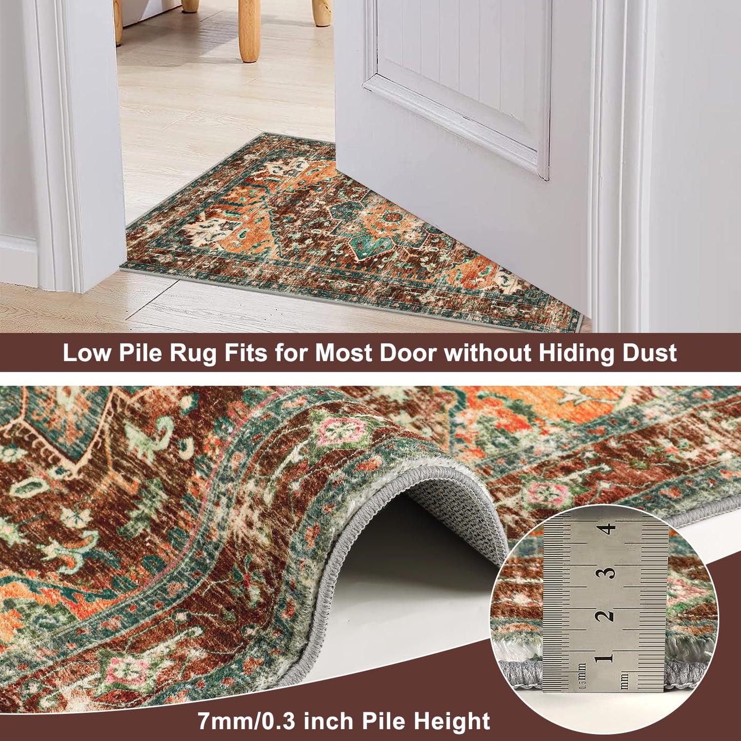 Yamaziot Washable Runner Rug, 2x8 Non-Slip Boho Vintage Hallway Rug Runner with Rubber Backing, Stain Resistant & Low Pile Faux Wool Distressed Carpet Runner for Bedroom, Kitchen, Laundry, Entrance