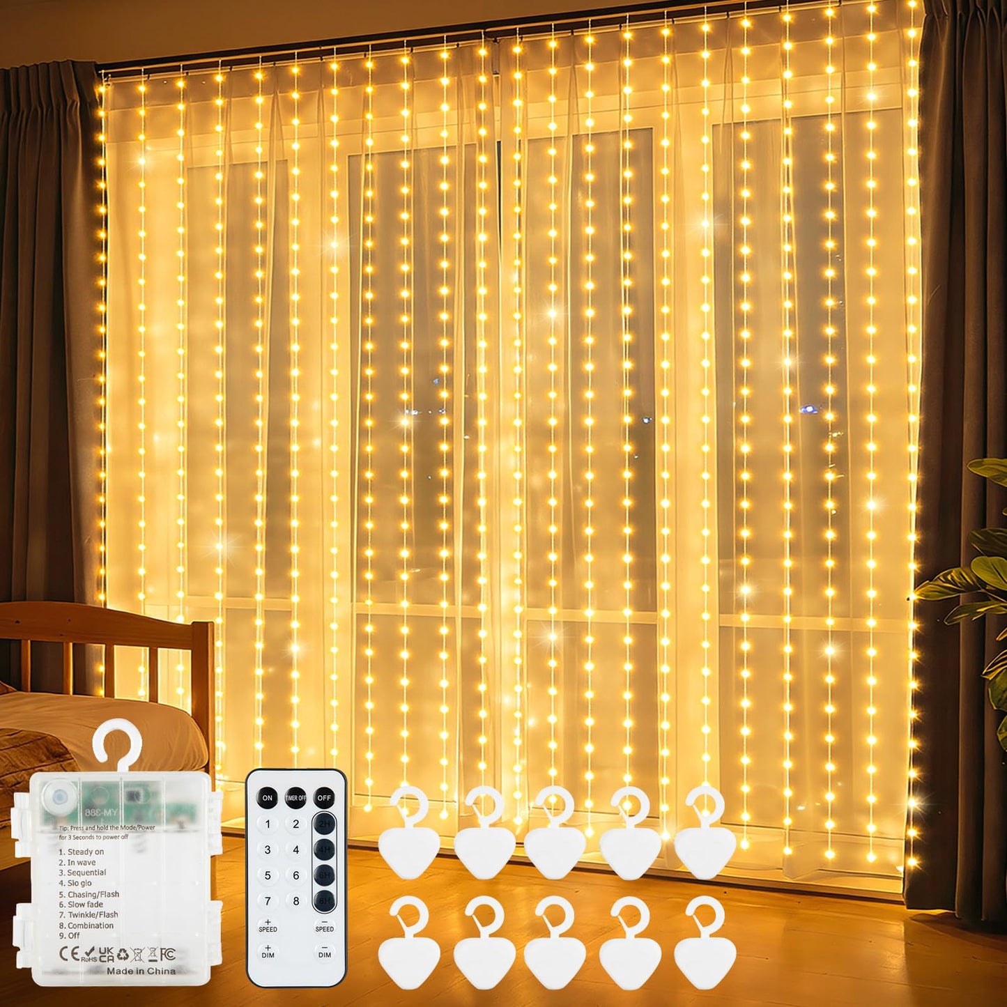 echosari Curtain Lights Battery Operated, 300 LED Fairy Lights 9.8 x 9.8Ft with Timer for Bedroom Wedding Backdrop Indoor Decor (Warm White)