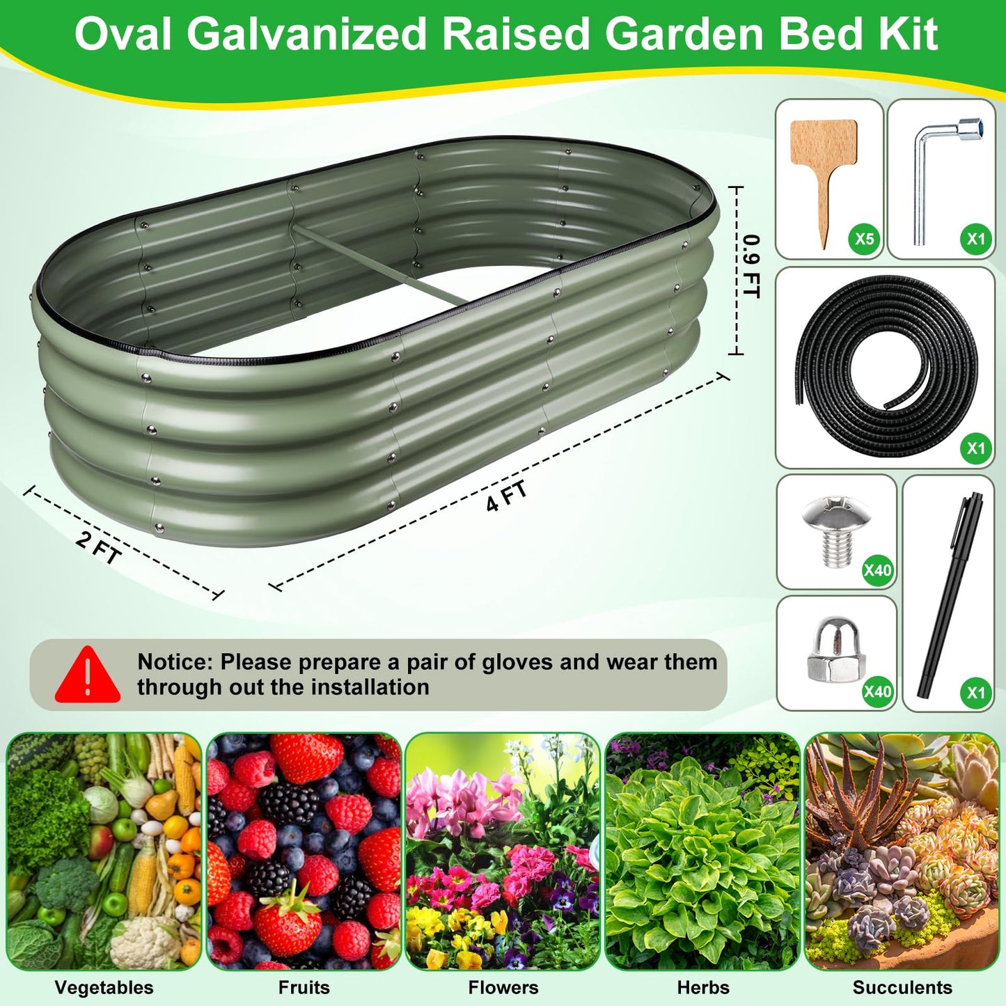 Angooni Olive Green 4x2x0.9ft Raised Garden Bed, Deep Metal Garden Bed, Large Galvanized Raised Garden Beds Outdoor, Raised Planter Box Kit for Vegetables, Flowers, Fruits