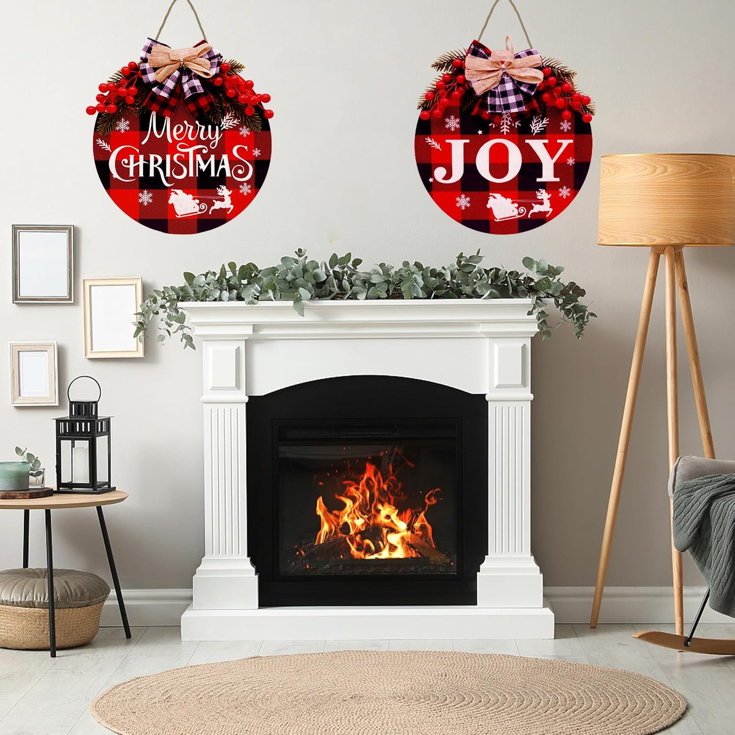 2 PCS Buffalo Plaid Christmas Wall Decor, 12 Inch Merry Christmas Sign Wood Wreath Hanging Porch Window Decoration Indoor Outdoor