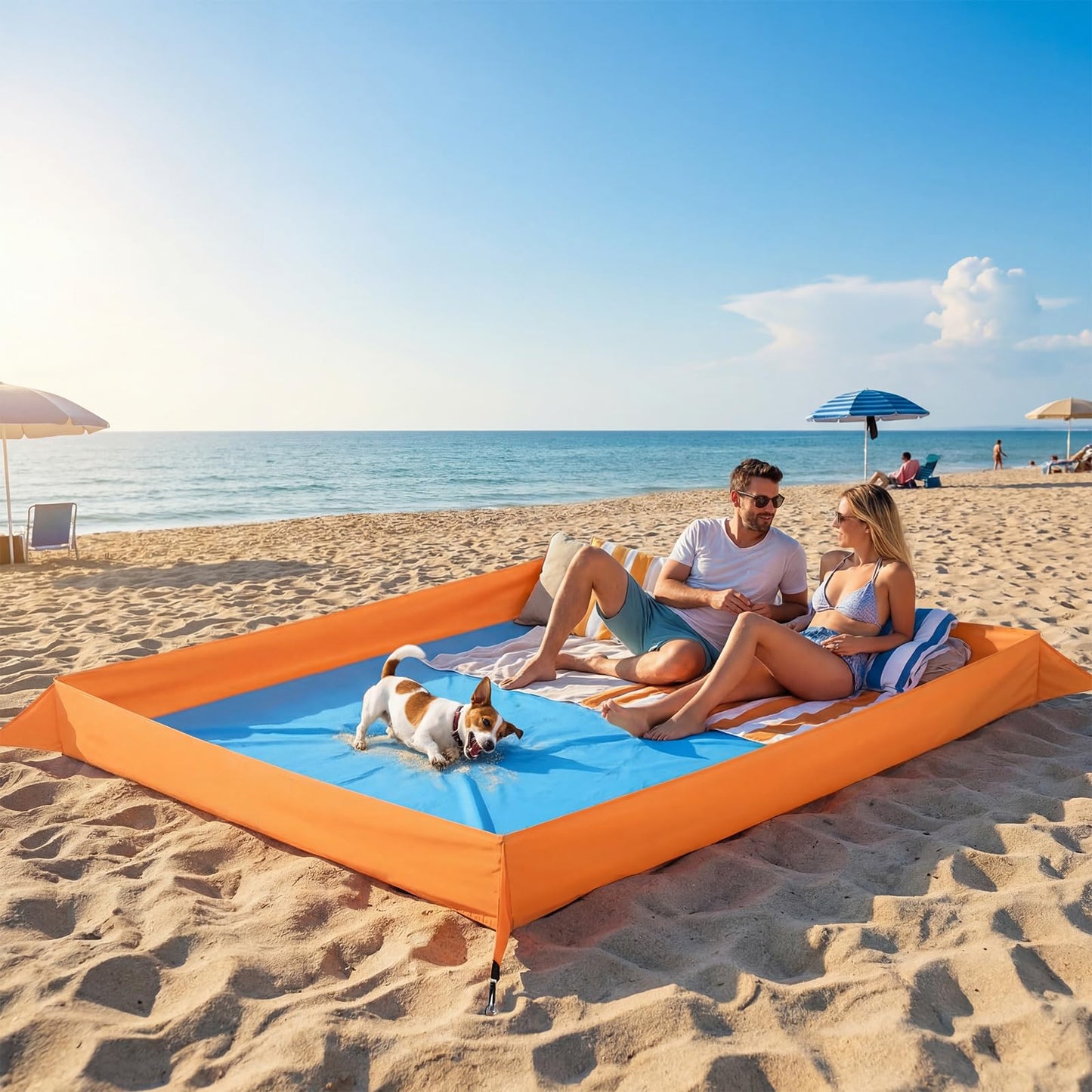 Qunclay Oversize Large Sandproof Beach Blanket 7.2 x 4.6 ft Outdoor Playpen Mat with 3.5" Tall Walls Waterproof Sand Free Picnic Sheet with Stakes & Storage Bag for Family, Beach Camping Essentials