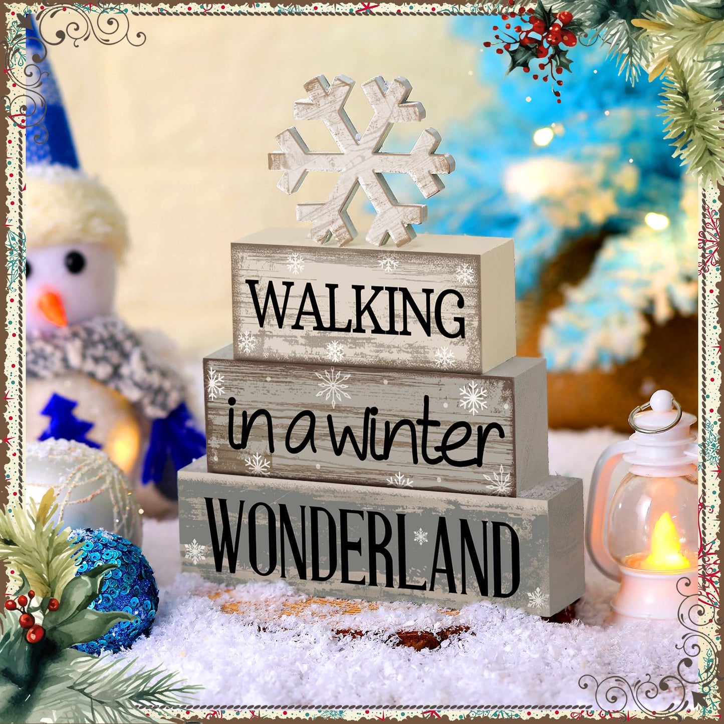 Moucuny 4 Pcs Winter Table Decorations Wooden Snowflake Decor Winter Tiered Snow Tray Decor Rustic Block Signs Gift Farmhouse Christmas Centerpiece for Wonderland Party Kitchen Shelf Home