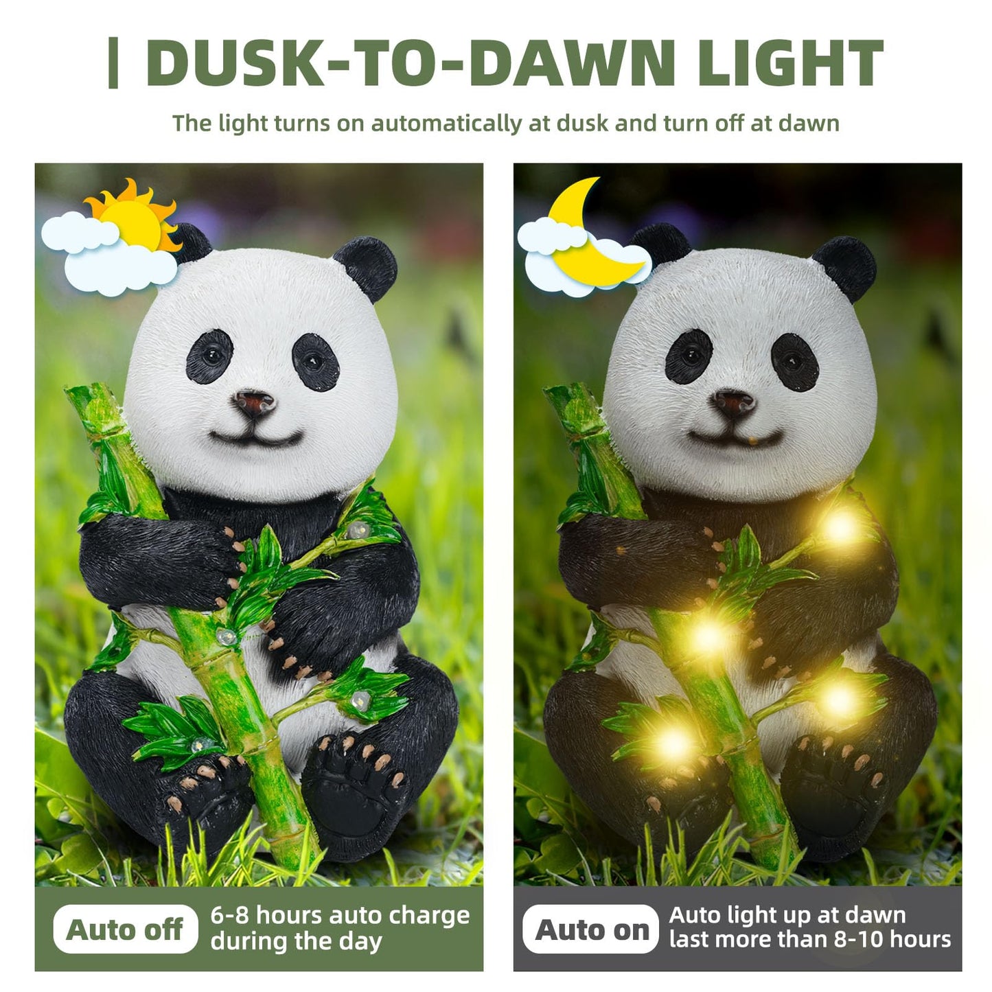 Tolatr Garden Panda Solar Lights Bamboo Statues Cute Sculptures Waterproof Resin for Indoor Outdoor Porch Patio Lawn Yard Decorations (Sitting)