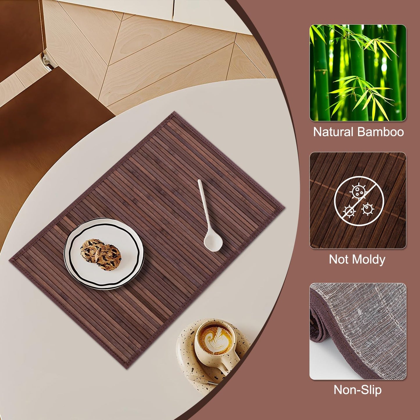 BMBOEUII Bamboo Placemats Set of 4, Dining Table Placemats Heat-Resistant, Durable and Sturdy, Wooden Square Placemats for Kitchen, Table Protection, Dining Room (4pc)