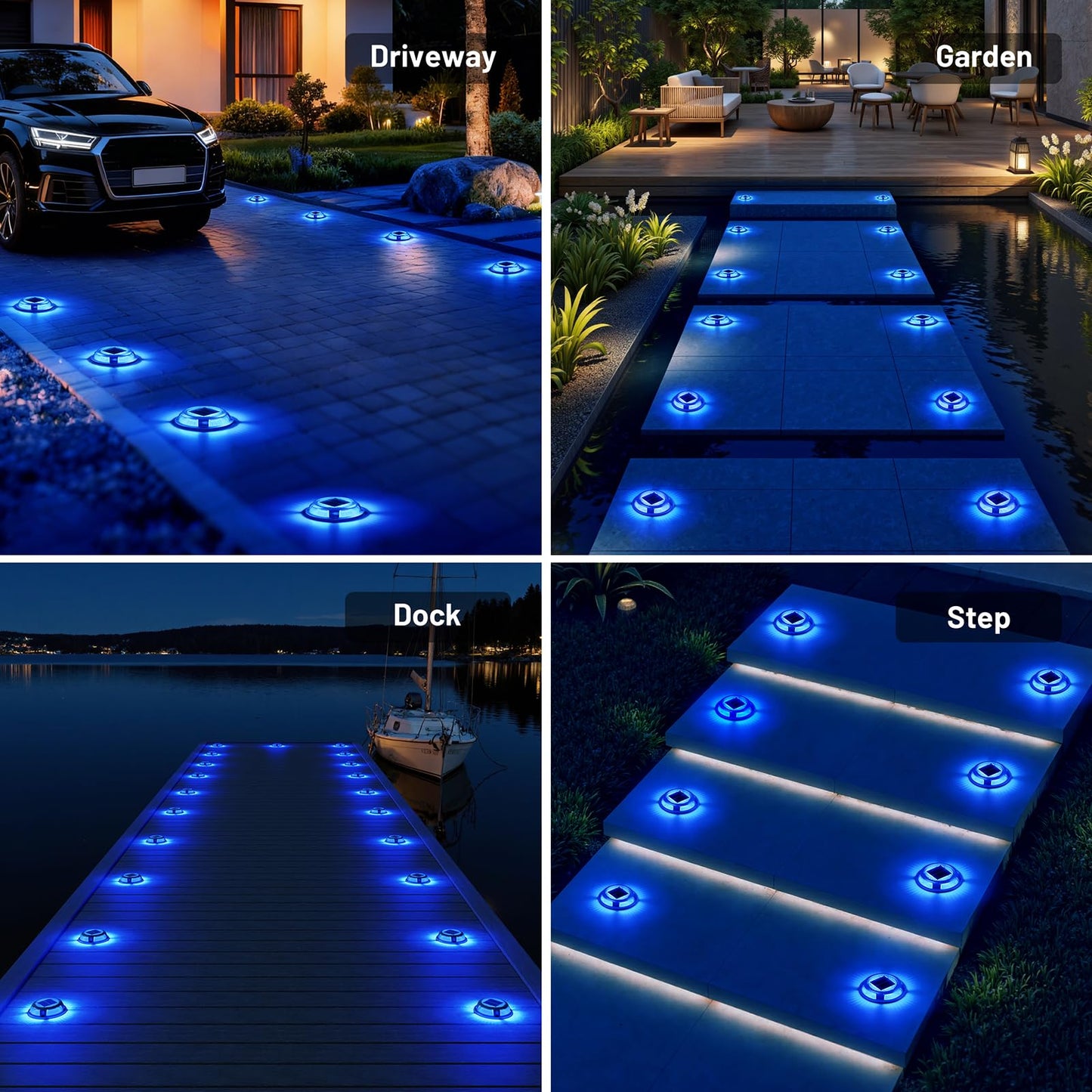 Solar Driveway Lights, 12 Pack Heavy Duty Driveway Lights Solar Powered 2 Color Mode (Cool White/Blue) IP68 Waterproof Outdoor Solar Deck Lights with Ground Stake for Pathway Garden Yard Walkway Dock