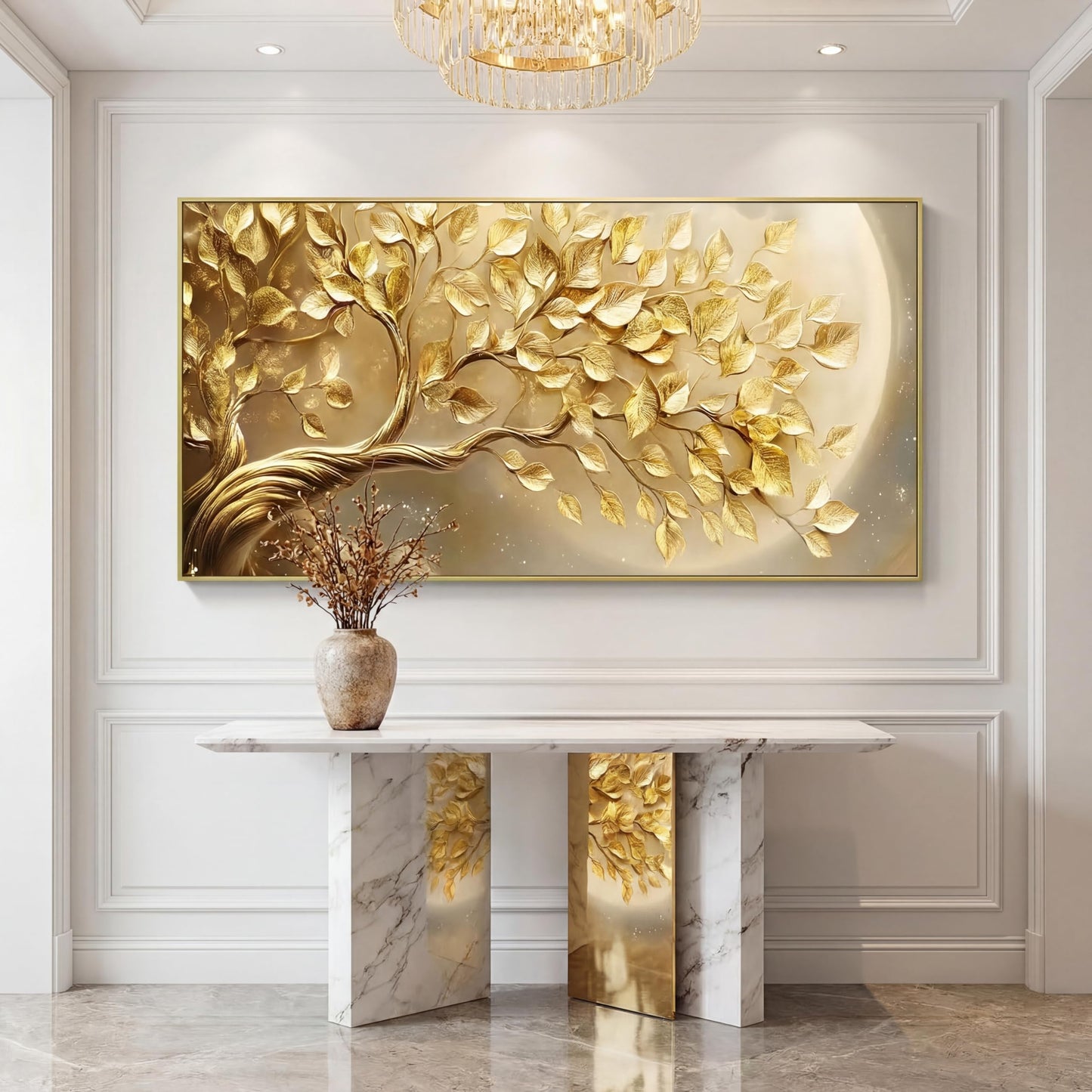 BirdSuite Gold Framed Golden Leaf Money Tree Wall Art, Luxury 3D Effect Canvas Print, Ready to Hang Wall Decor for Living Room Bedroom Office Dining Room Entryway, 48x24 Inch