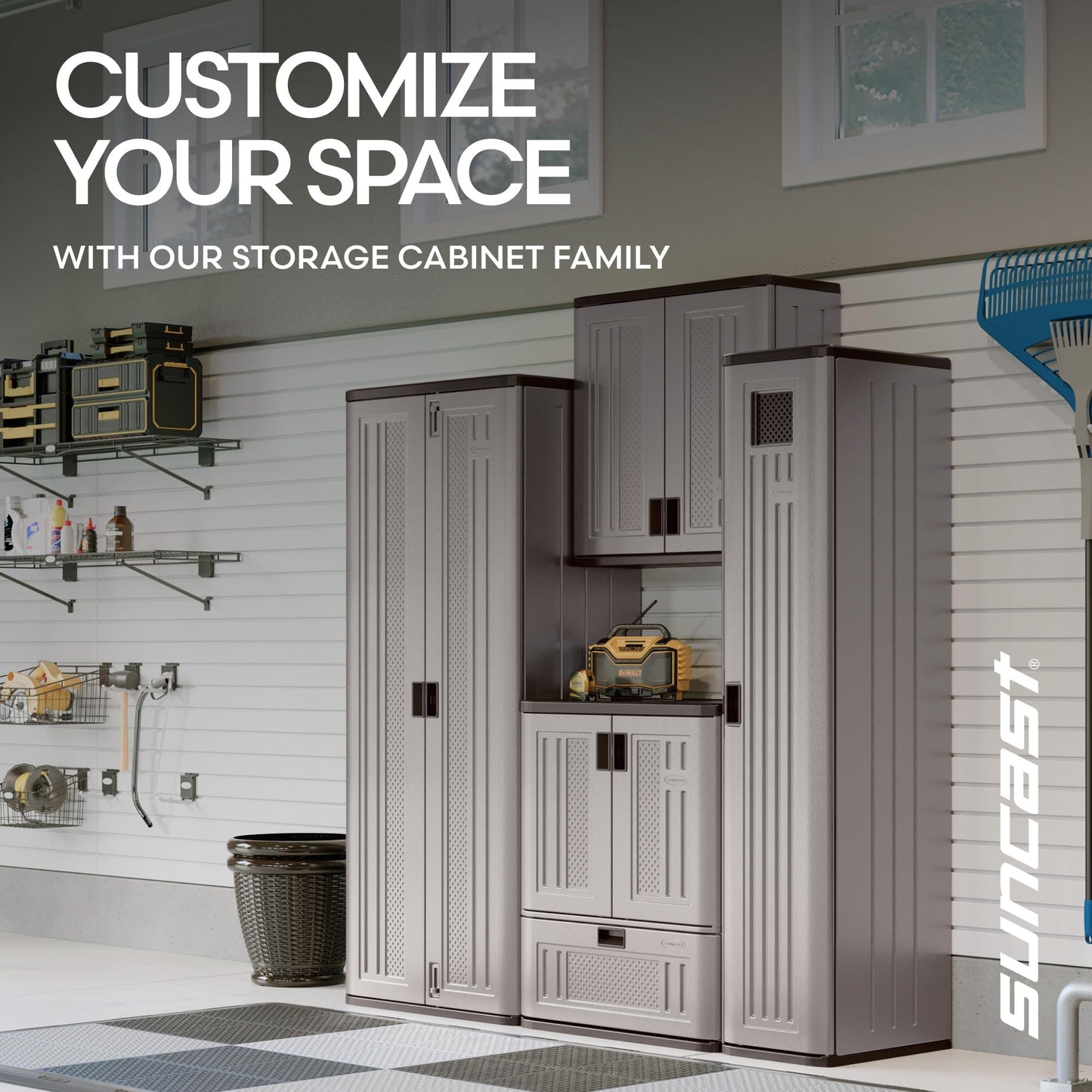 Suncast Tall Storage Cabinet, Platinum Resin Garage Storage Cabinet with Doors & Shelves, Plastic, Lockable, Freestanding Utility Closet for Tools & Supplies, Made in USA
