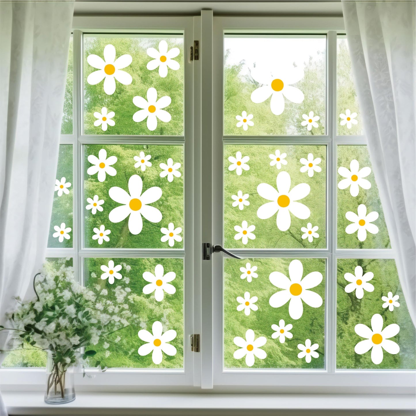 AOWDIAO 108 Pcs White Daisy Window Clings - 9 Sheets, Double-Sided Flower Glass Stickers - Summer & Spring Decorations for Home, Office, School