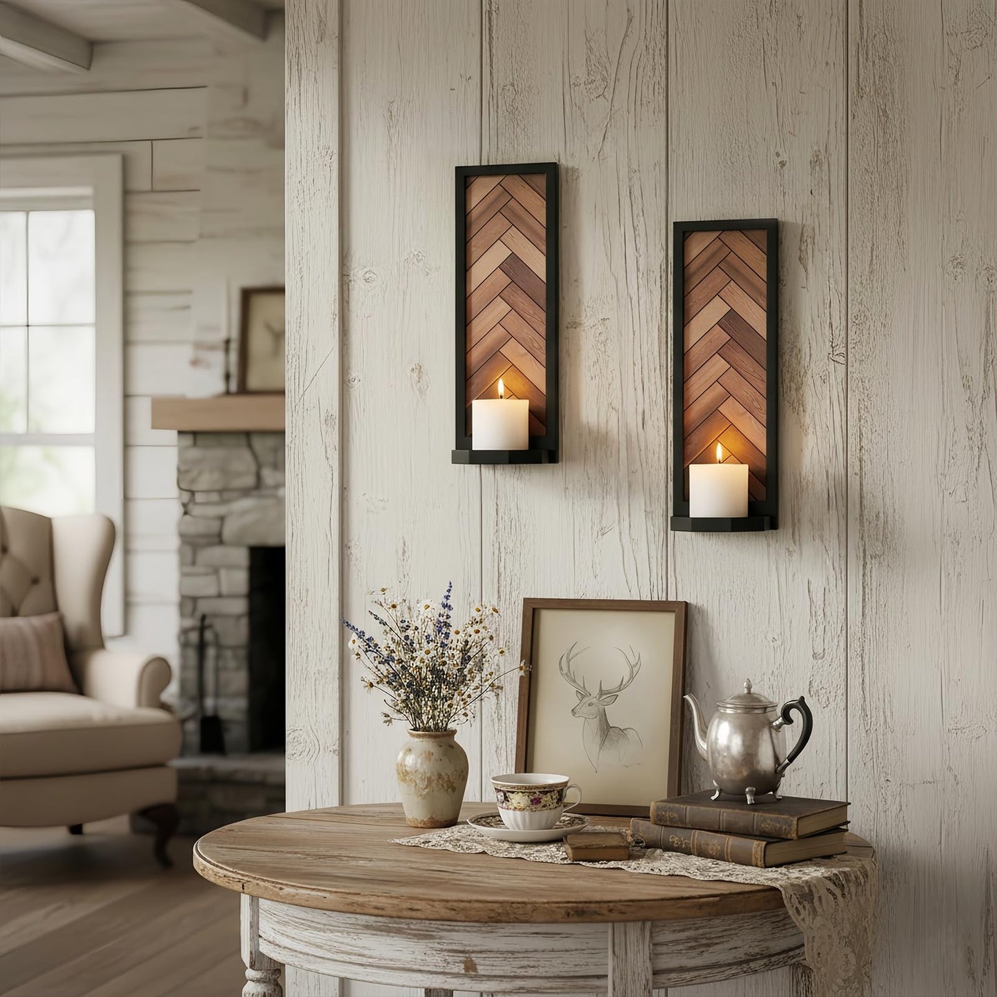 AimtoHome Herringbone Wood Candle Sconces, Set of 2 Wall-Mounted Pillar Candle Holders, Antique Classical Wooden Candleholder for Farmhouse, Living Room, Bedroom, Rustic Home Decor