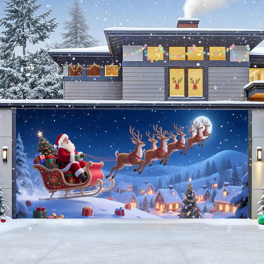 TTCHANG Christmas Garage Door Cover, Large Christmas Banner Backdrop Decorations Hanging Door Photography Decor for Indoor Outdoor House Patio Lawn Party Background,Reindeer Santa Claus,16x7FT