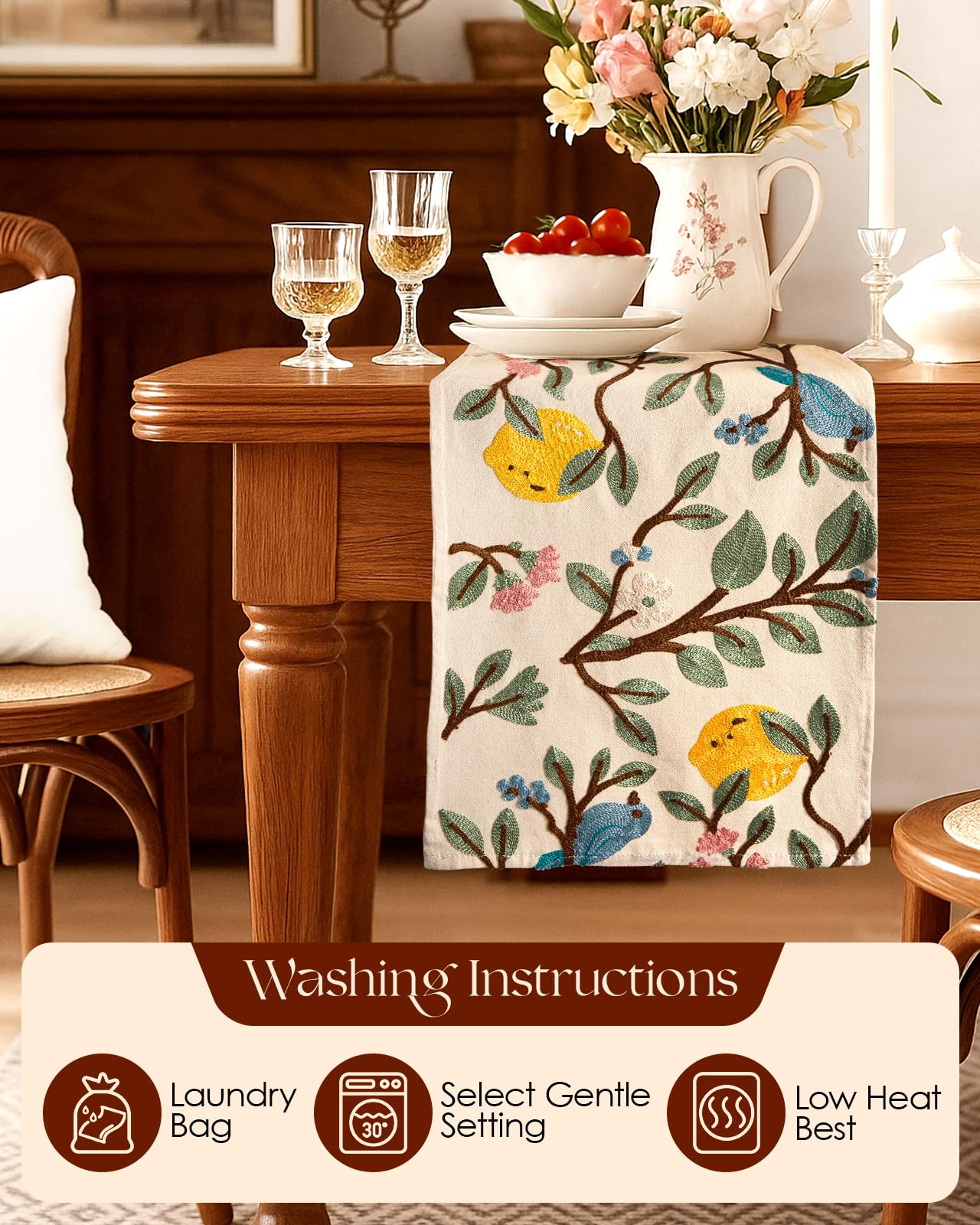 Kokaaee Canvas Embroidered Table Runner - 13"x 72" Coffee Table Runner for Living Room Narrow Tablerunner for Dining Room Washable Farmhouse Kitchen Island Counter Decor Housewarming Gift, Lemon Bird