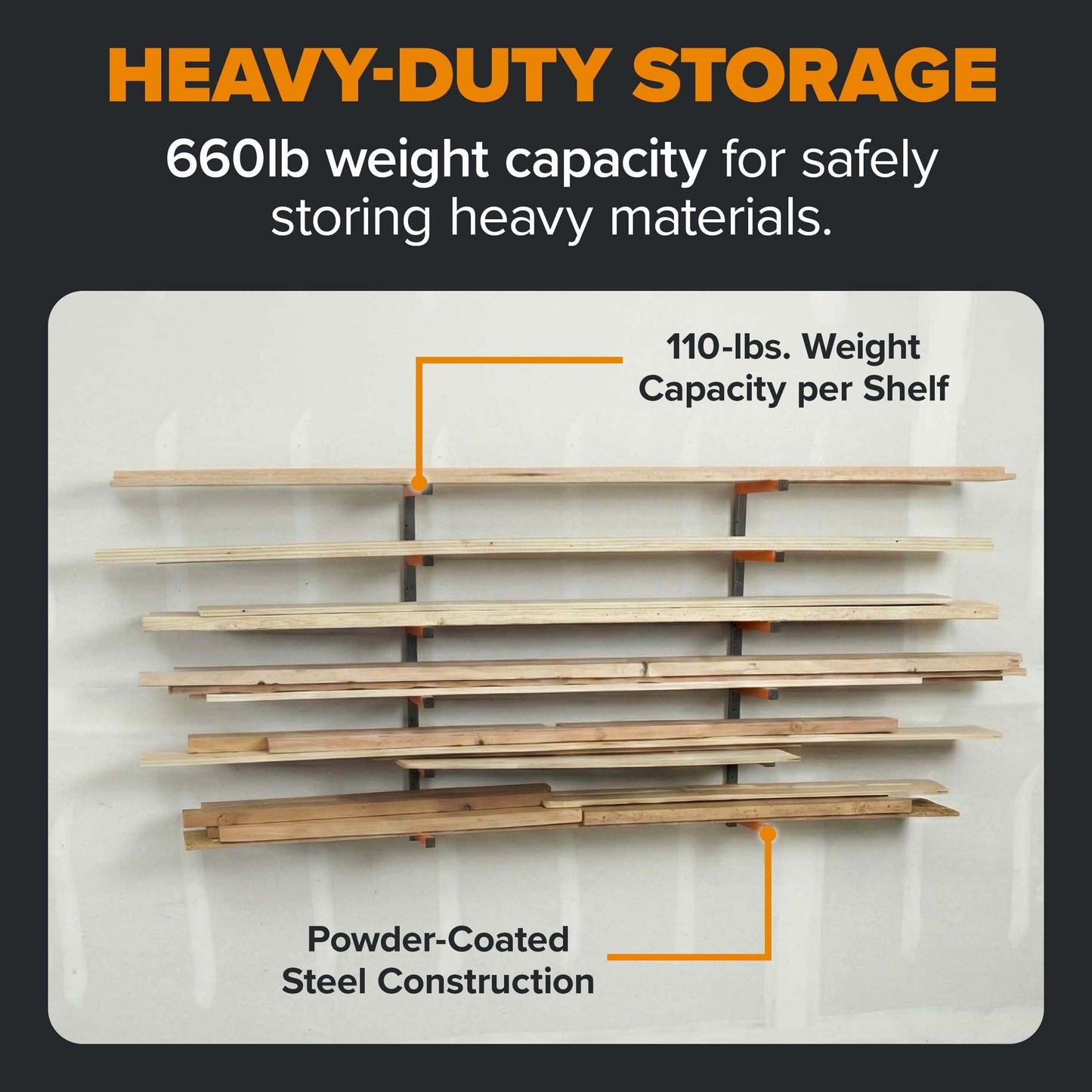 Bora Wood Organizer and Lumber Storage Rack with 6-Level Wall Storage Racks – Indoor and Outdoor Use, In Orange PBR-001