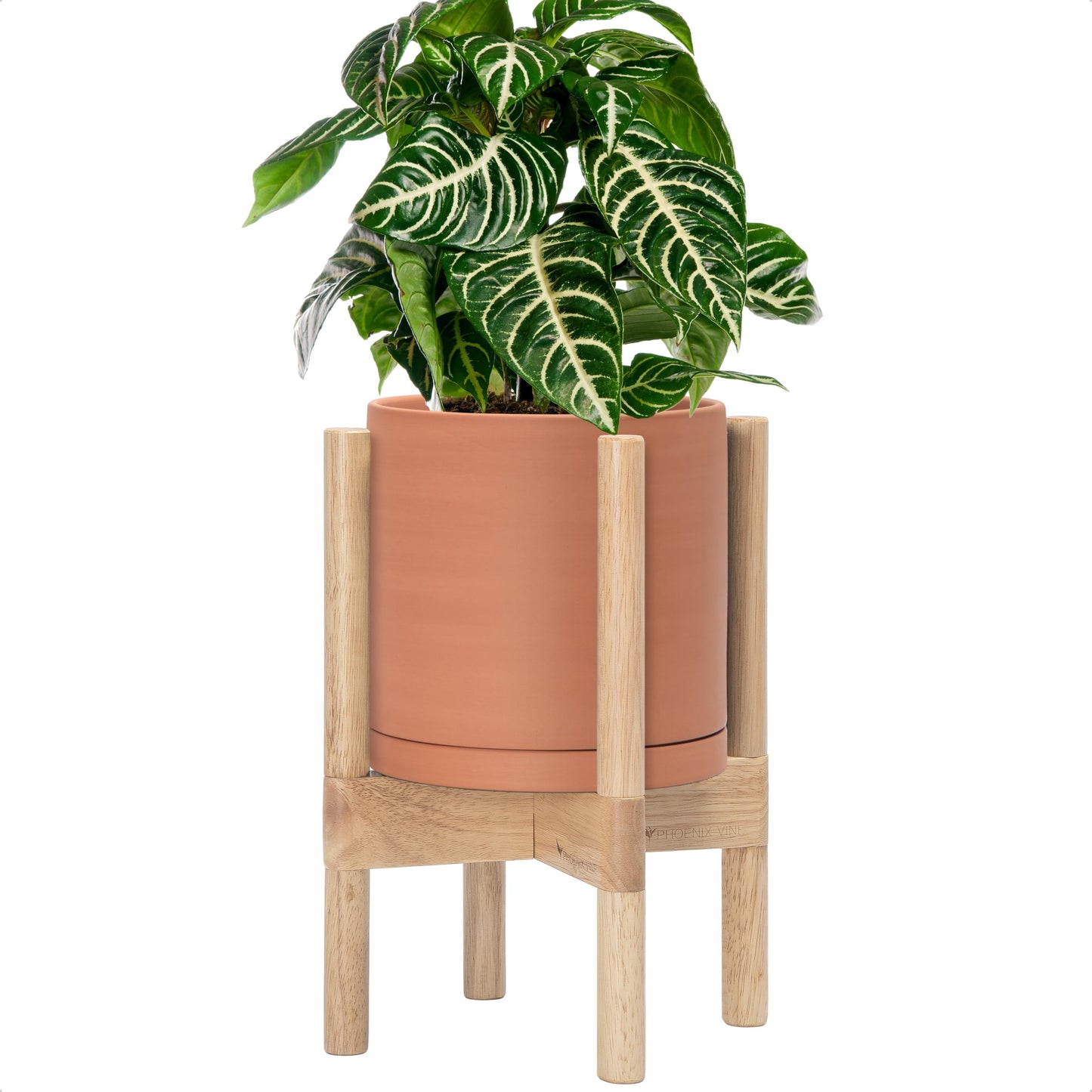 D'vine Dev Terracotta Planter with Natural Stand - 8 Inch Modern Round Flower Pot with Wood Planter Holder, Terracotta, 55-B-N-5