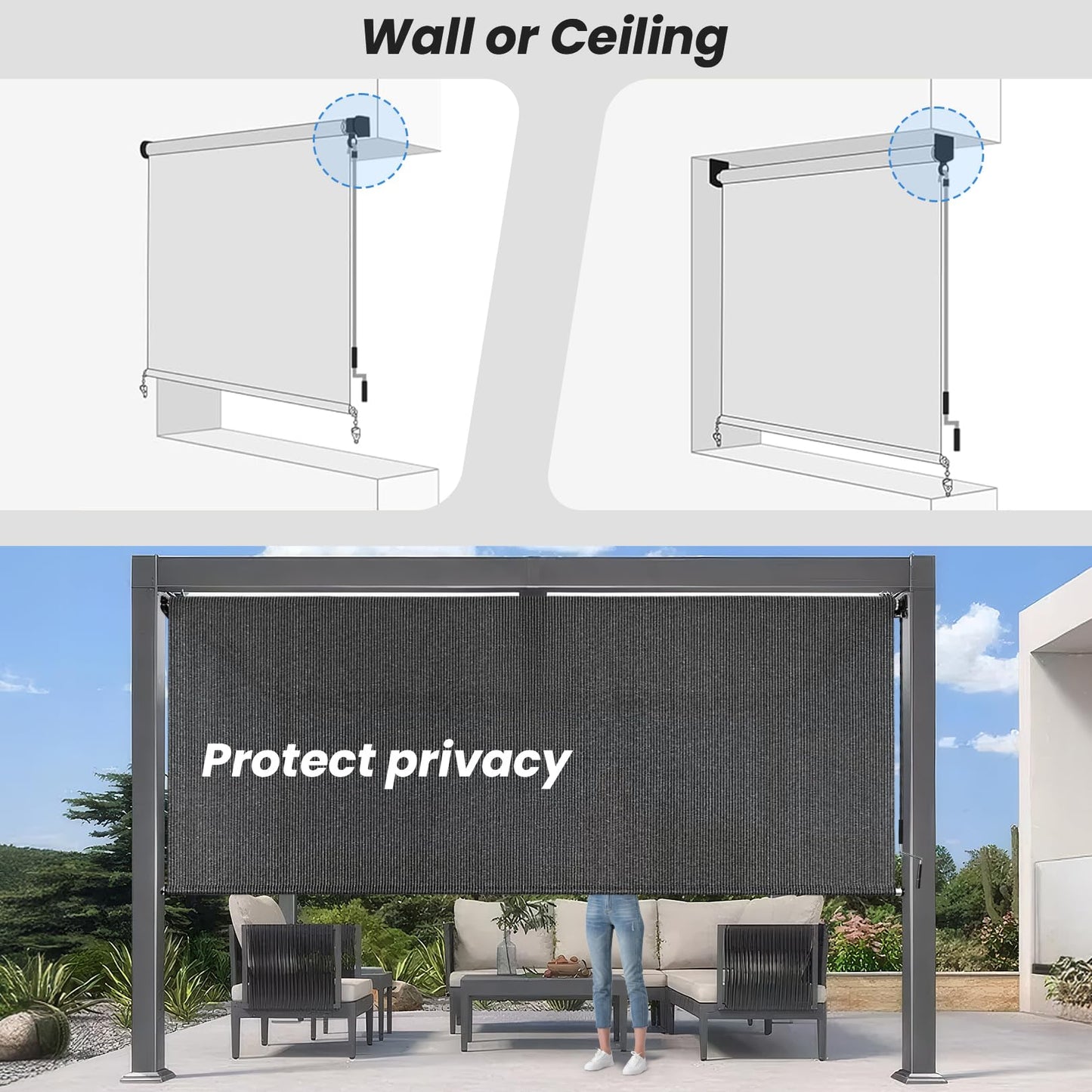 Breezombra 8'W x 8'H Gray Patio Shades Roll up Outdoor Roller Shade Crank Wand Blind Cordless, 90% UV Blocking & Privacy Protection for Porch|Gazebo|Pergola|Backyard (2 Splicing Tube, 1 Fabric)
