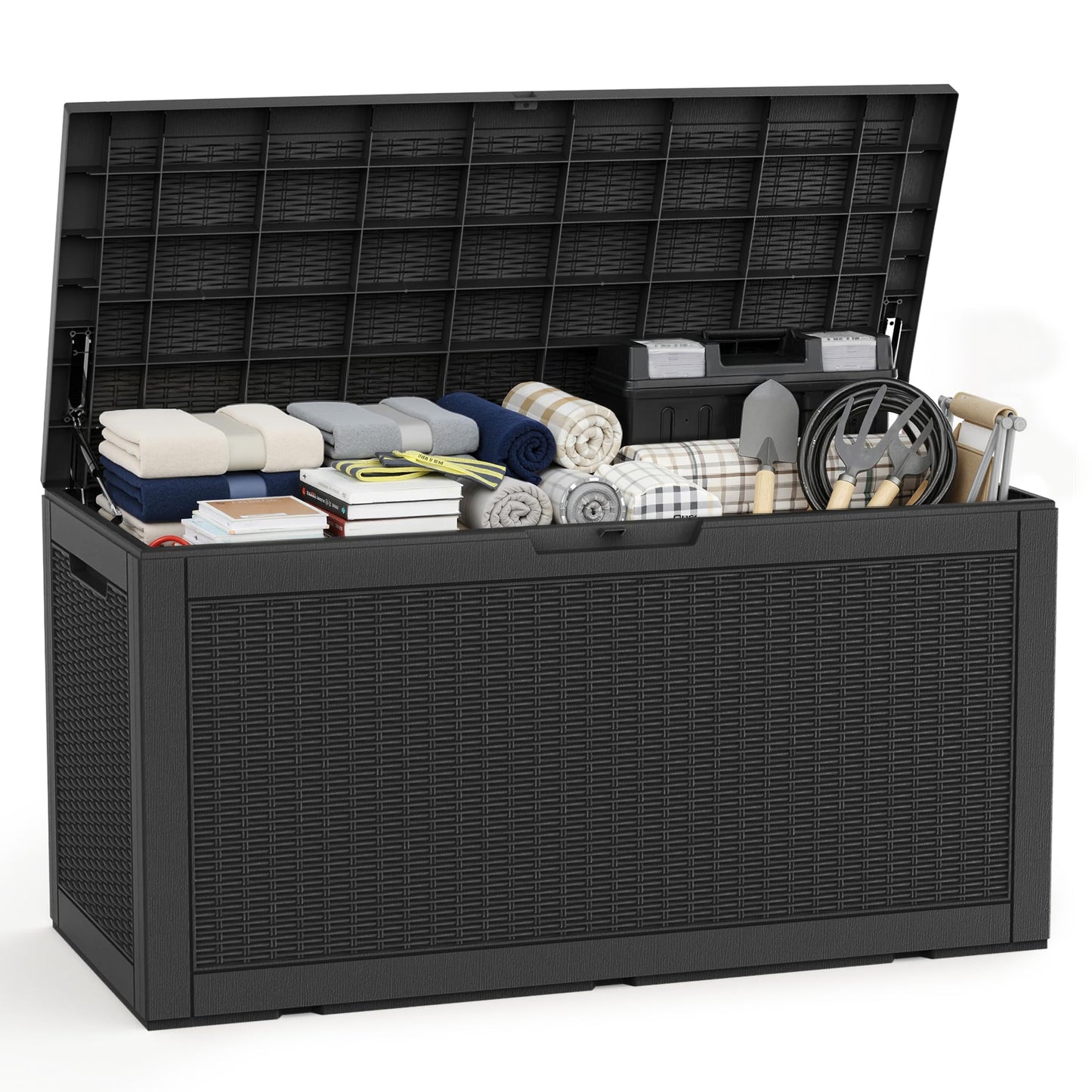EasyUp 120 Gallon Waterproof Deck Box, Lockable Resin Outdoor Storage Box, Durable Storage Bin with Reinforced Hydraulic Rod for Patio Furniture, Garden Tools, Pool Accessories, Indoor Cushion, Black