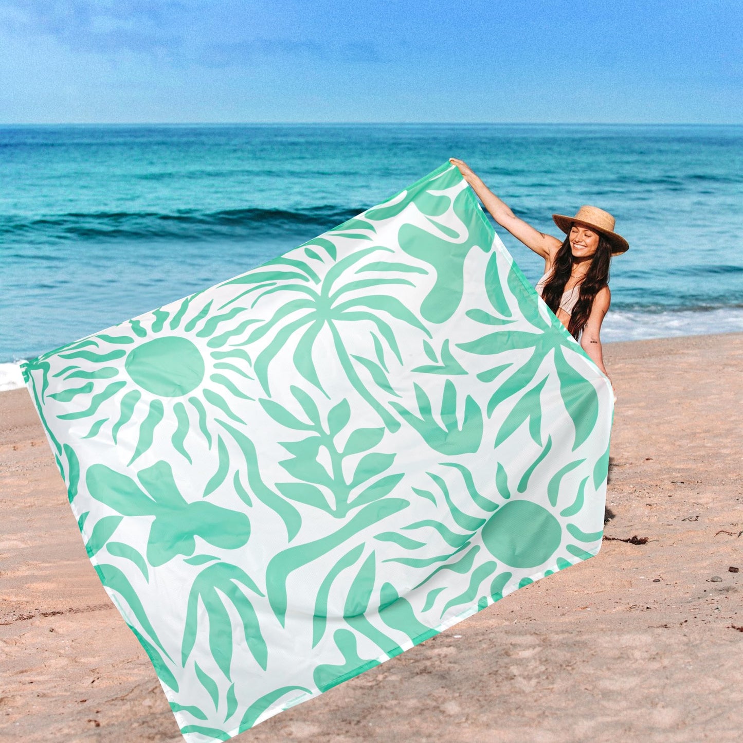 Shedoo Beach Blanket Waterproof Sandproof, 9 Ft X 10 Ft Extra Large Sand Free Beach Mat, Big Compact Lightweight Quick Drying Picnic Blanket with 4 Stakes & Pockets for Camping, Travel, Hiking