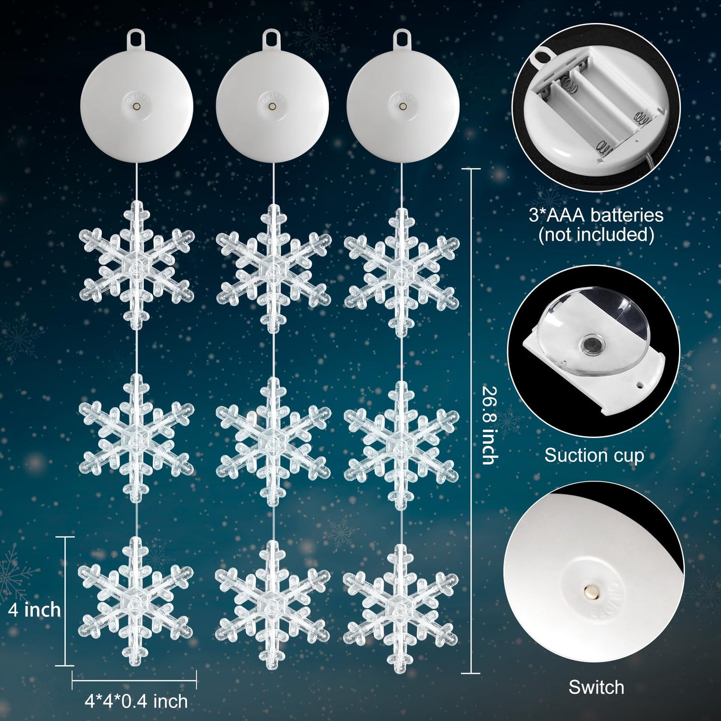 LYUBASA 3Pcs Christmas Window Lights Decorations with Timer, Battery Powered Christmas Window Hanging White Lighted Snowflake Shaped LED Sucker String Lamp for Xmas Tree Fireplace Window Indoor Decor