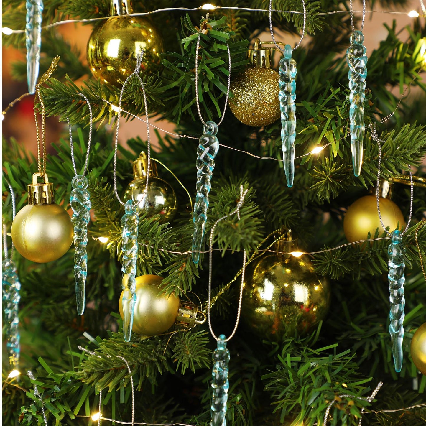 Cinnvoice Blue 36 Pcs Christmas Ornaments Mini Icicle Christmas Decoration Plastic Crystal Hanging Icicles Ornaments for Xmas Tree Winter Wedding Party Decor