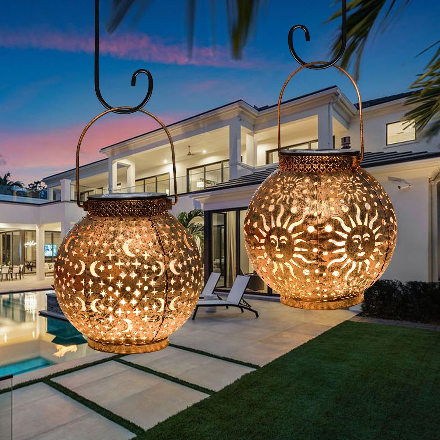 Go2garden Gifts 2Pack Solar Lanterns Outdoor Waterproof Mothers Day Gifts for Mom Moon Star Sun Solar Lights for Balcony, Yard,Birthday Gifts for Women Grandma Wife (Bronze)