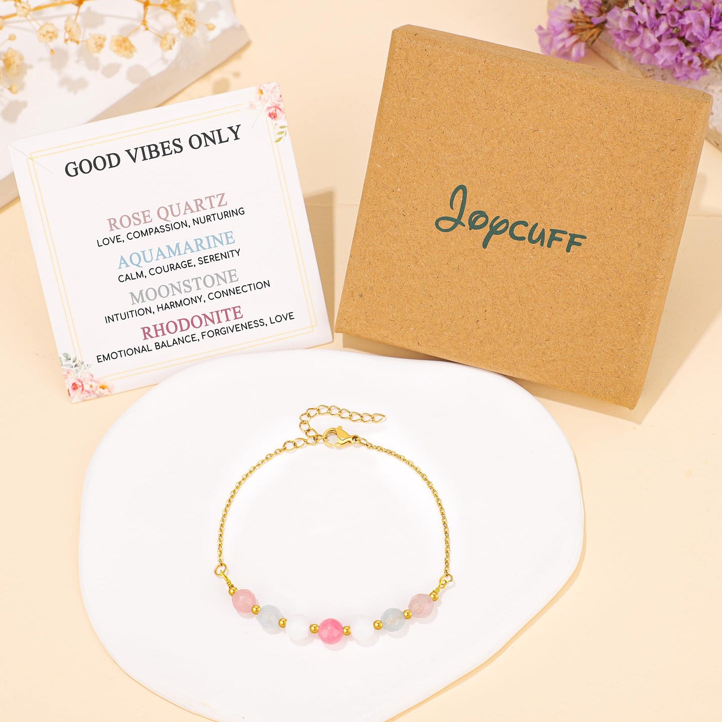 JoycuFF New Beginnings Gifts for Women, Good Vibes Only Moonstone Bracelet, Protection Positive Happiness Bracelets for Women